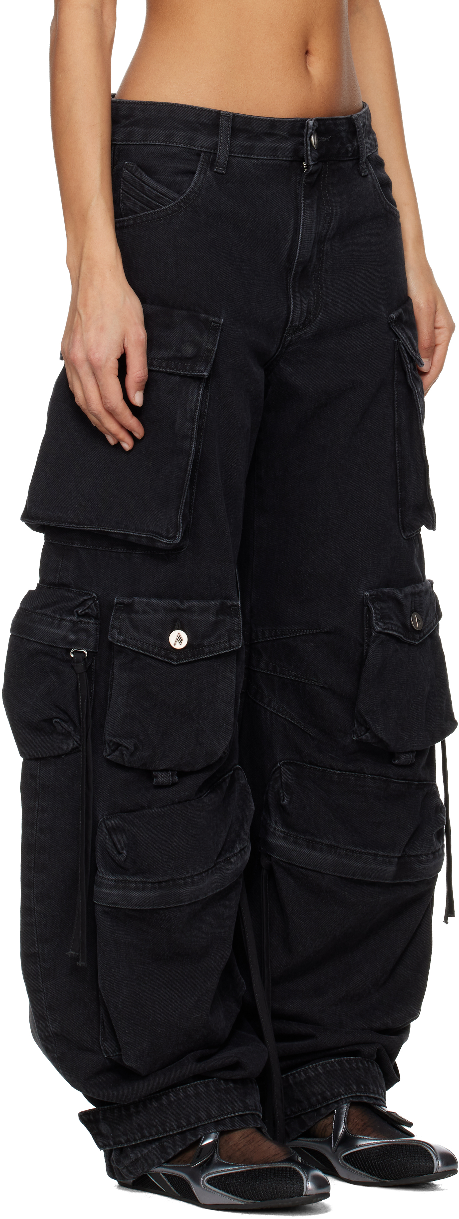 Attico Fern Crystal Cargo Denim Pants In Black