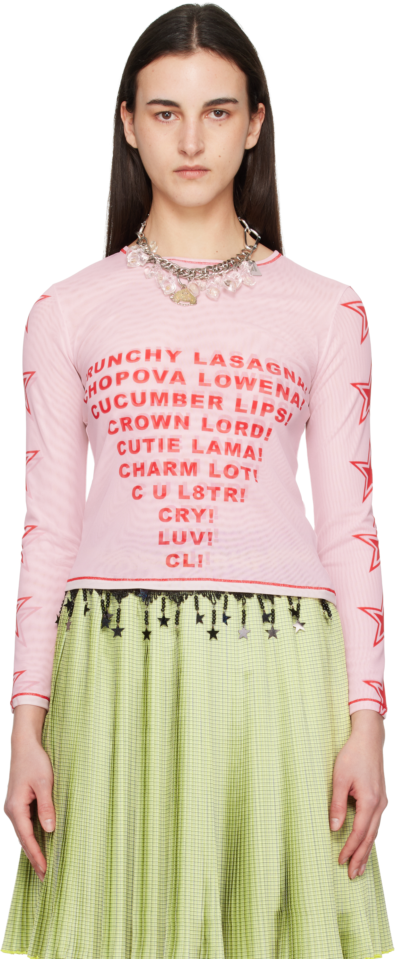 Chopova Lowena: Pink 'Crunchy Lasagna' Fitted Mesh Top | SSENSE