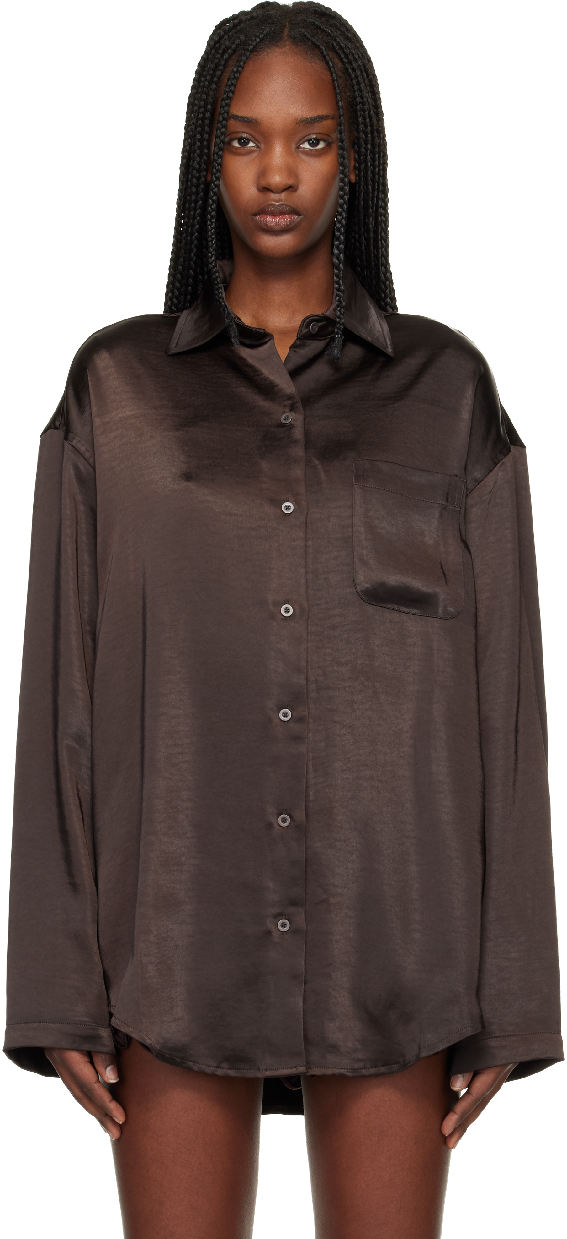SKIMS: Brown Lightweight Satin Oversized Shirt | SSENSE Canada
