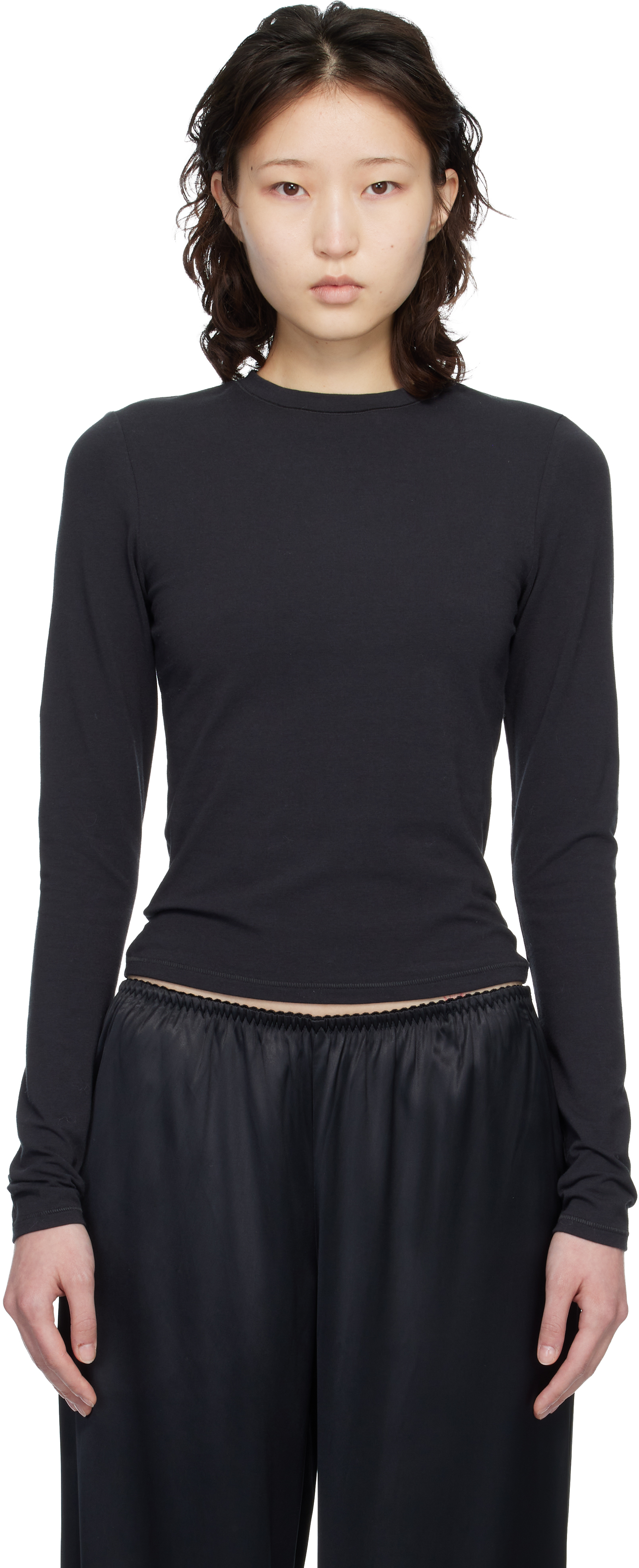 SKIMS: Black Cotton Jersey Long Sleeve T-shirt | SSENSE Canada