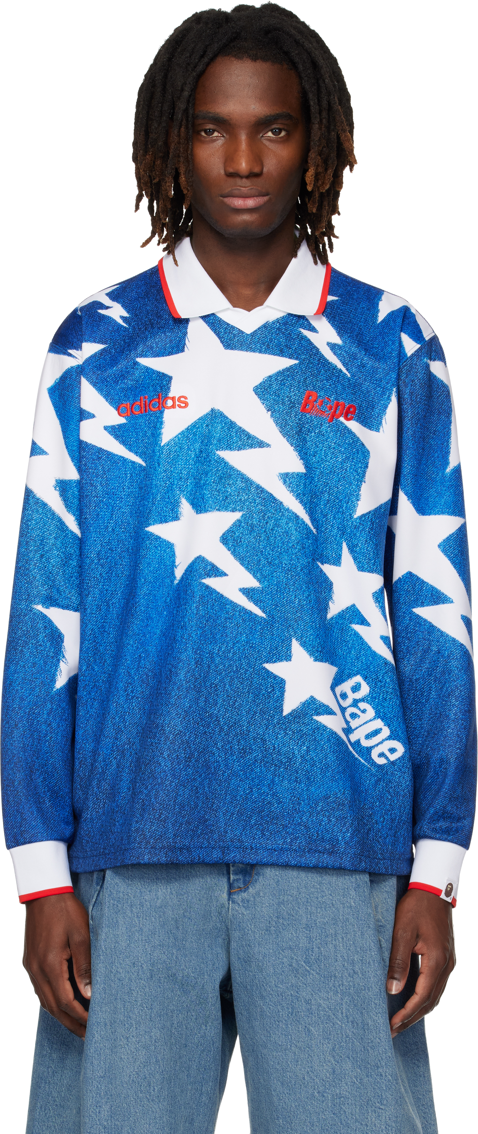 Navy adidas Originals Edition LSL Star Jersey Polo by BAPE on Sale