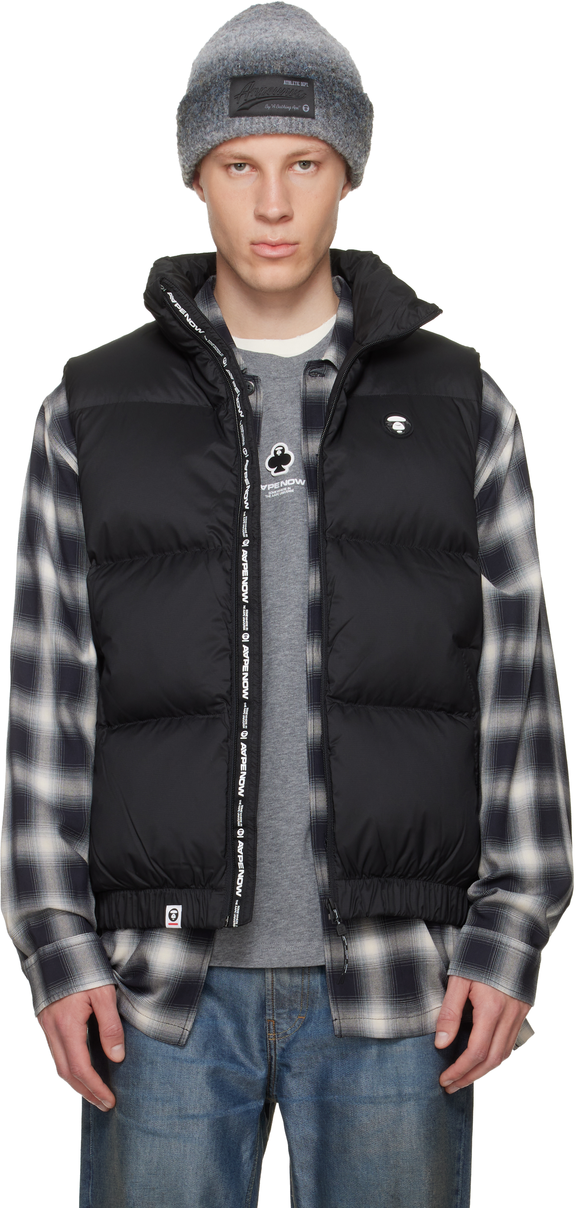 AAPE by A Bathing Ape: Black 'AAPENOW' Moonface Down Vest | SSENSE