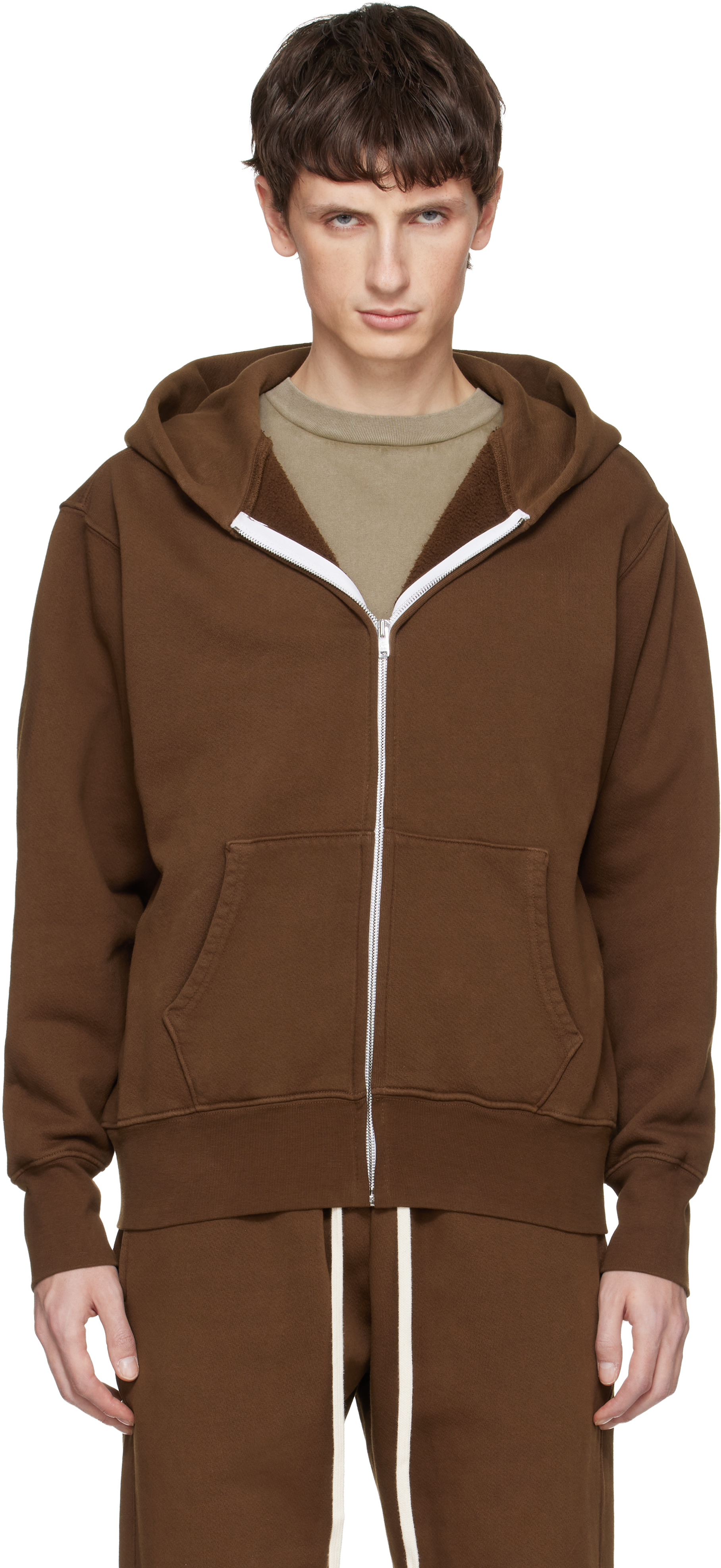 Brown Heavyweight Zip Hoodie by Les Tien on Sale
