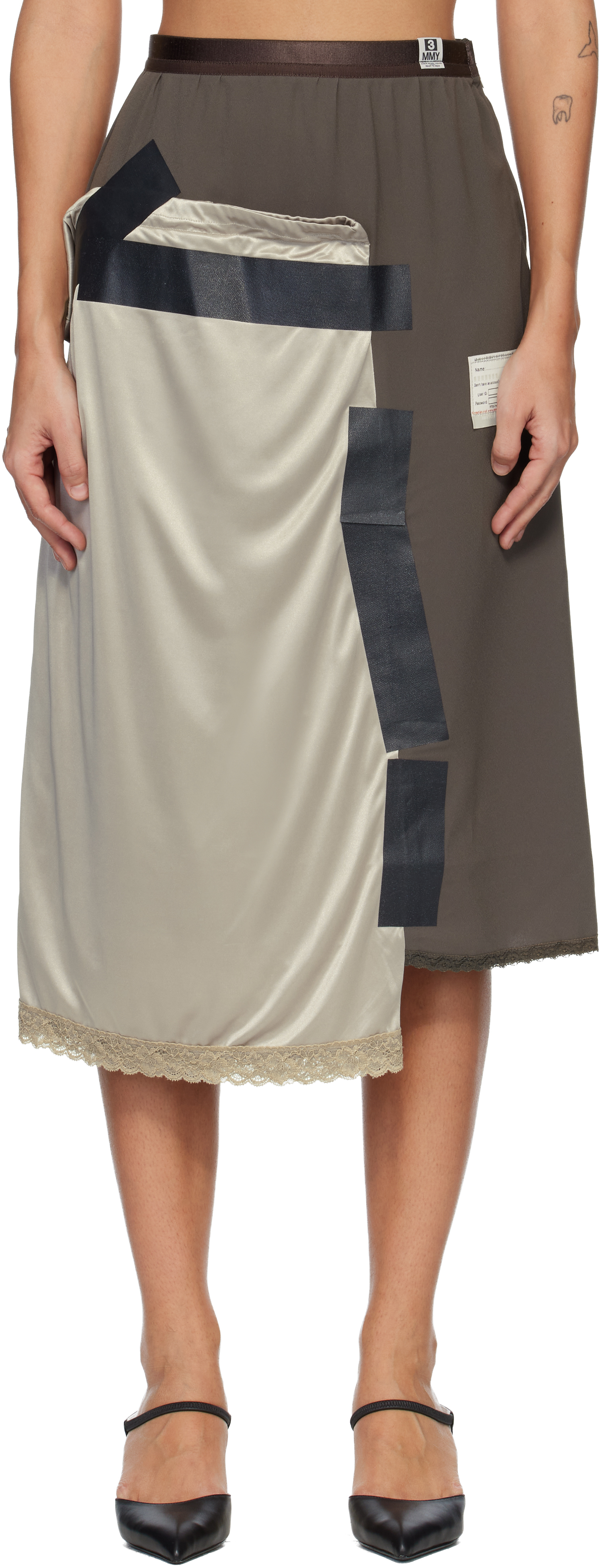 Maison MIHARA YASUHIRO Brown Combined Tape Lingerie Midi Skirt