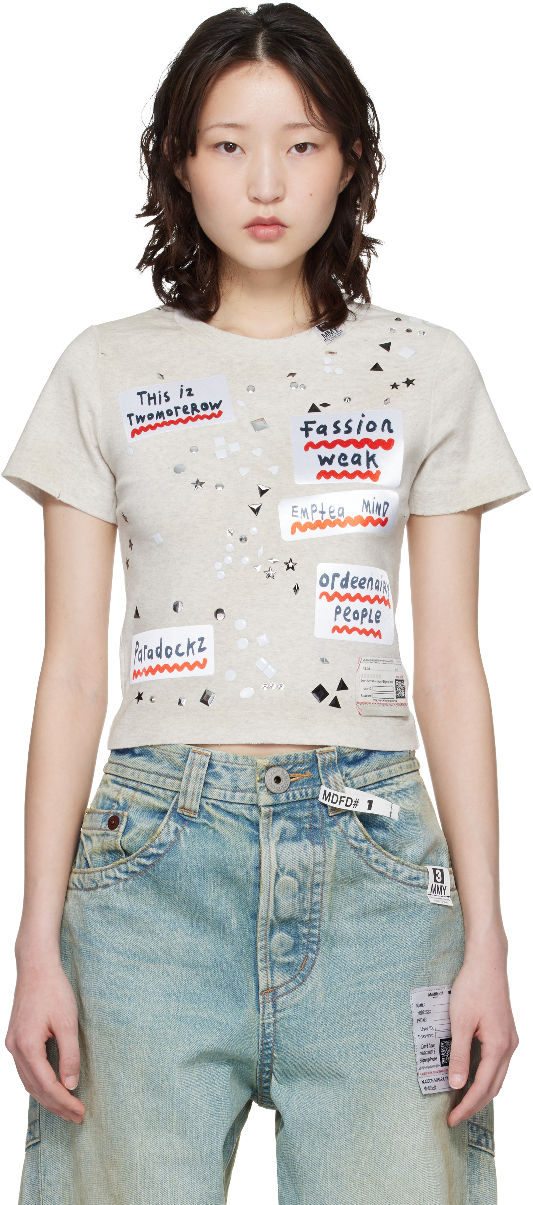 Taupe Embellished Sticker Mini T-shirt by Maison MIHARA YASUHIRO