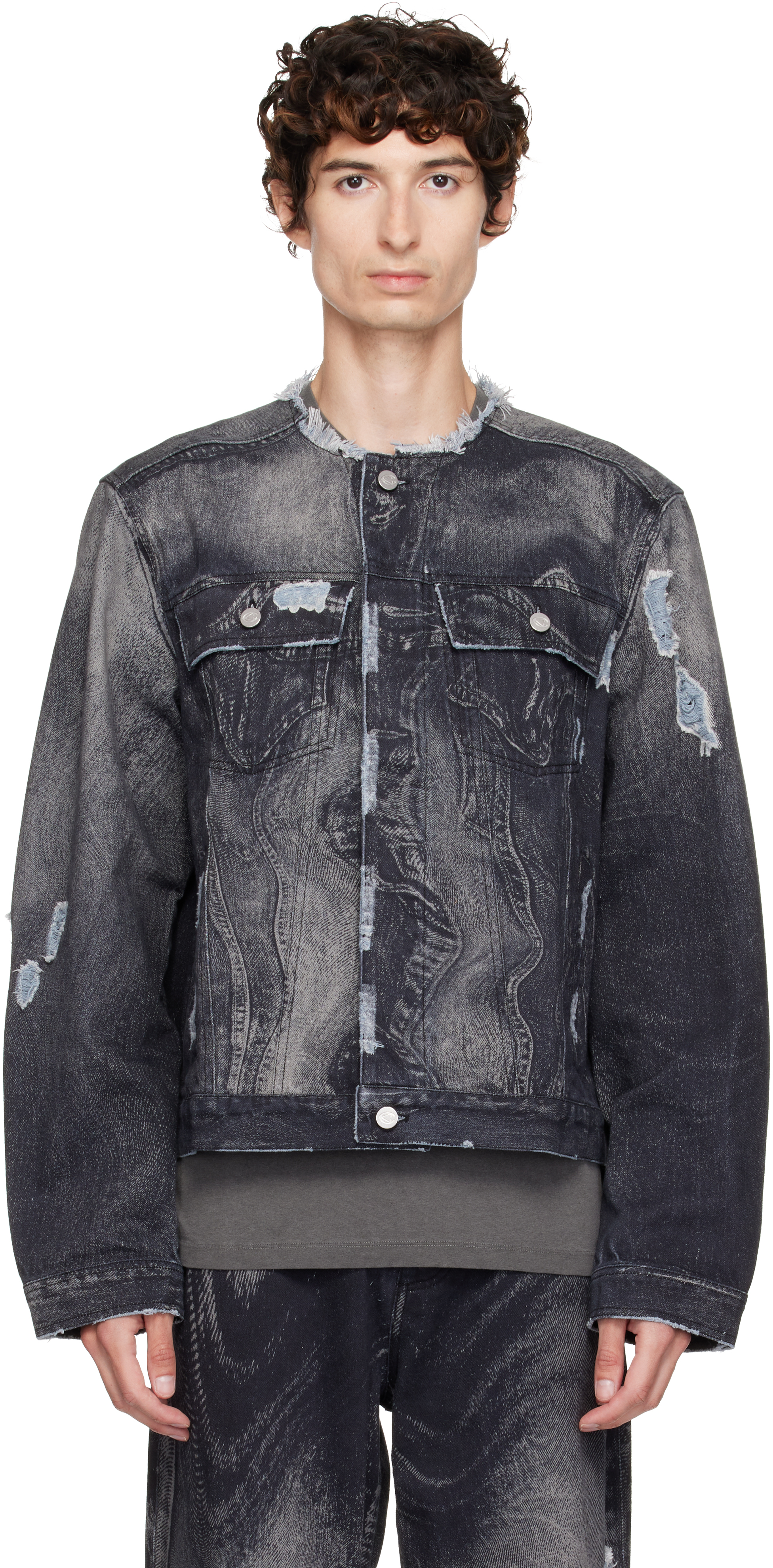 CAMPERLABのブラック Distorted Print ディストレス デニムジャケット