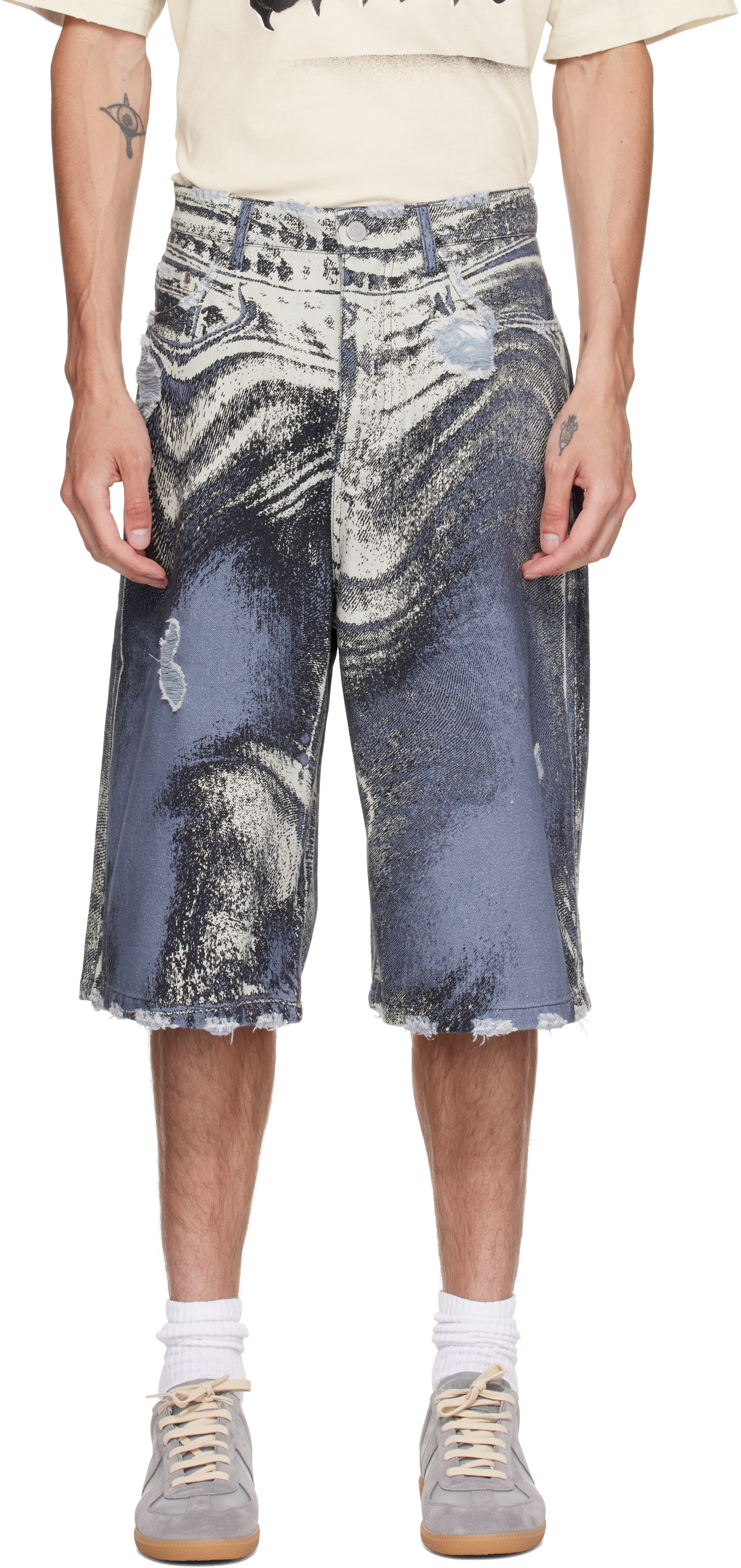 CAMPERLAB: Blue Distorted Print Distressed Denim Shorts | SSENSE
