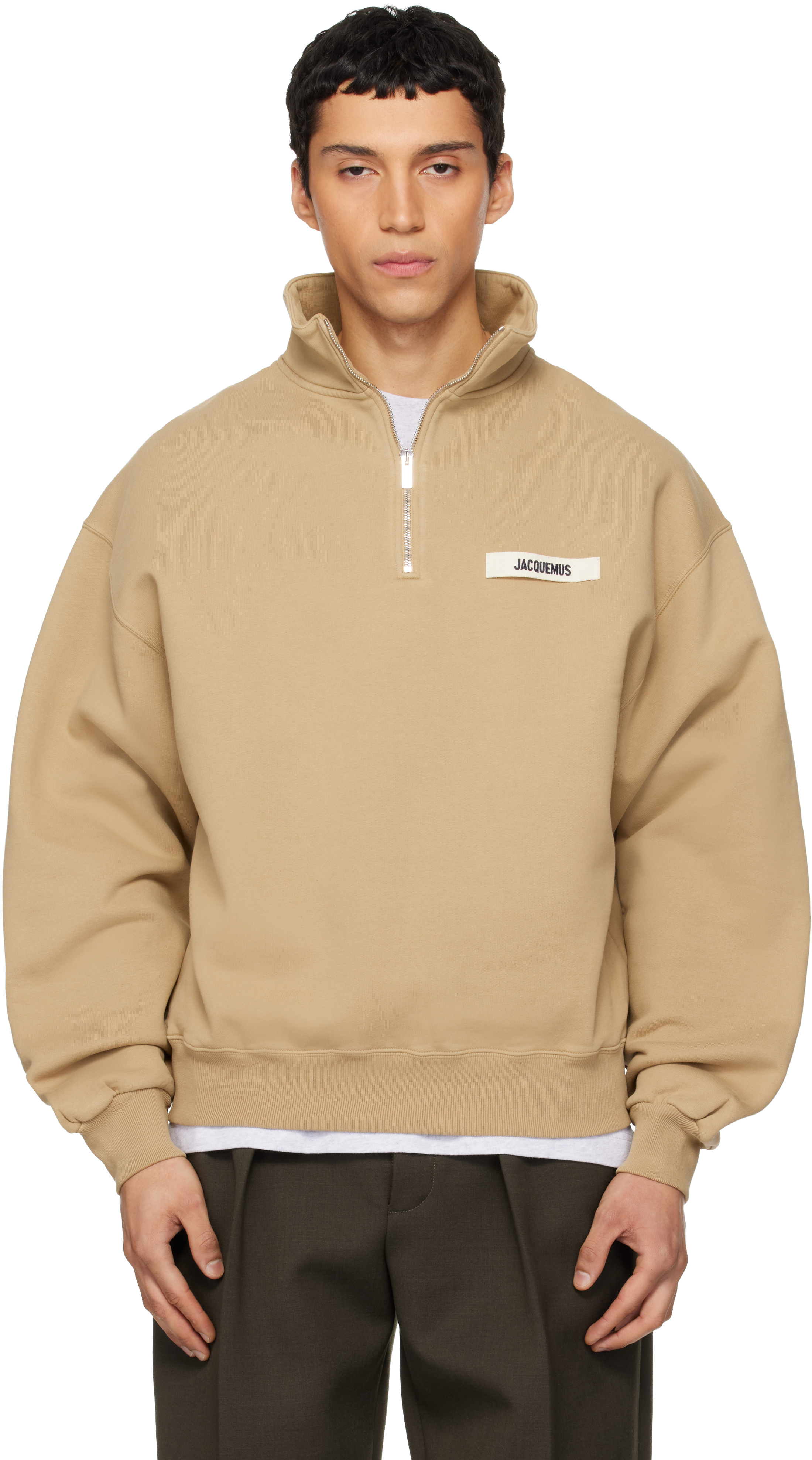 JACQUEMUS: Tan 'The Gros Grain zipped-rollneck' Sweatshirt | SSENSE