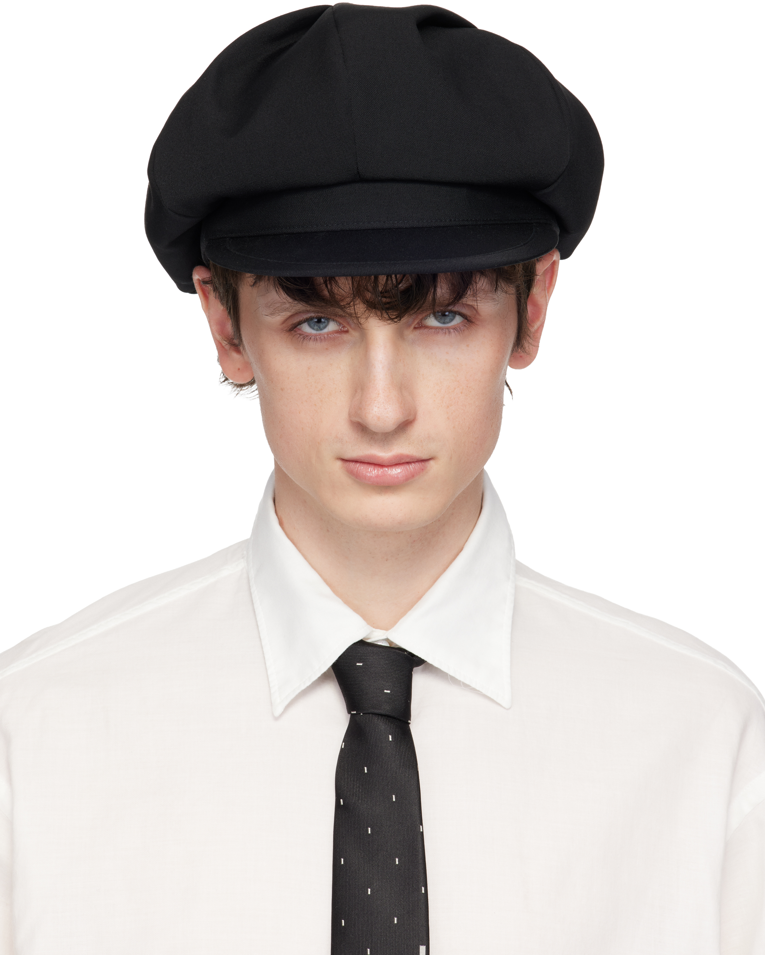 YOHJI YAMAMOTO: Black Wool Gabardine Tuck Casquette Cap | SSENSE