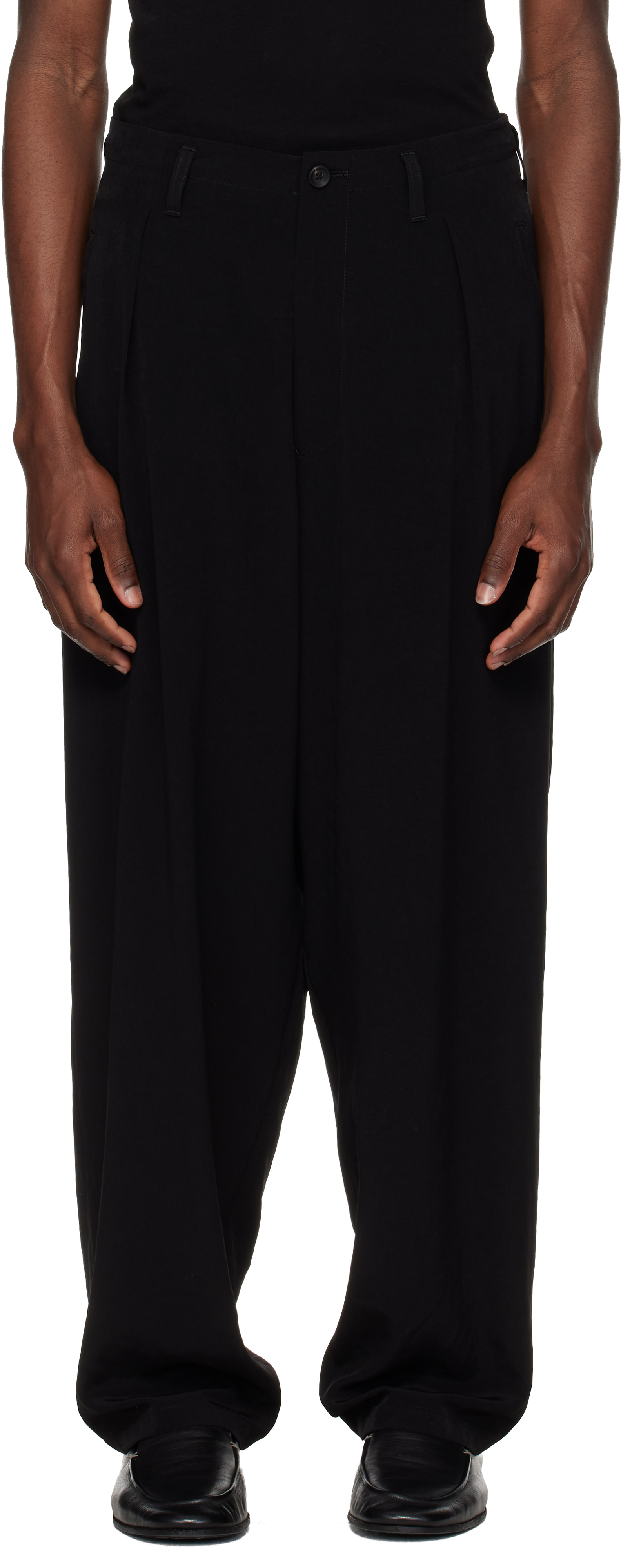 YOHJI YAMAMOTO: Black TA Tuxedo 1 Tuck Trousers | SSENSE Canada