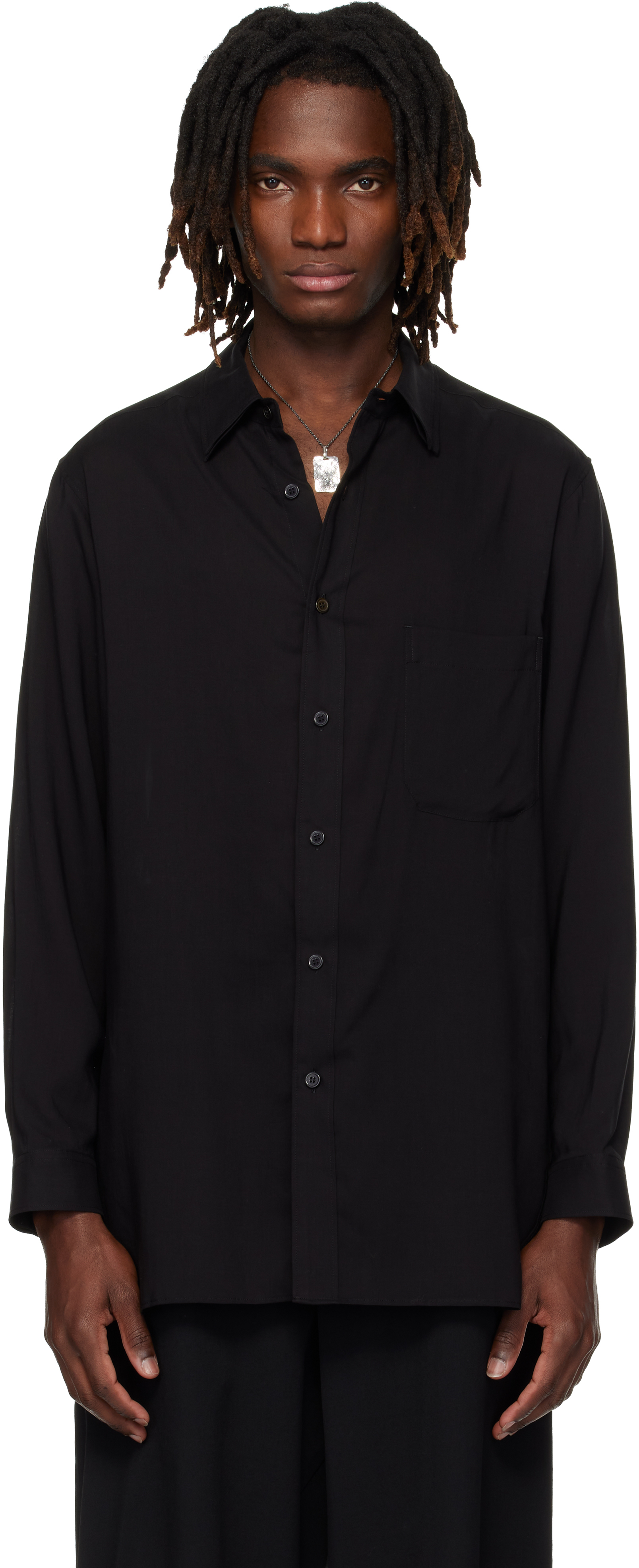 YOHJI YAMAMOTO: Black Cellulose Lawn Double Collar Shirt | SSENSE