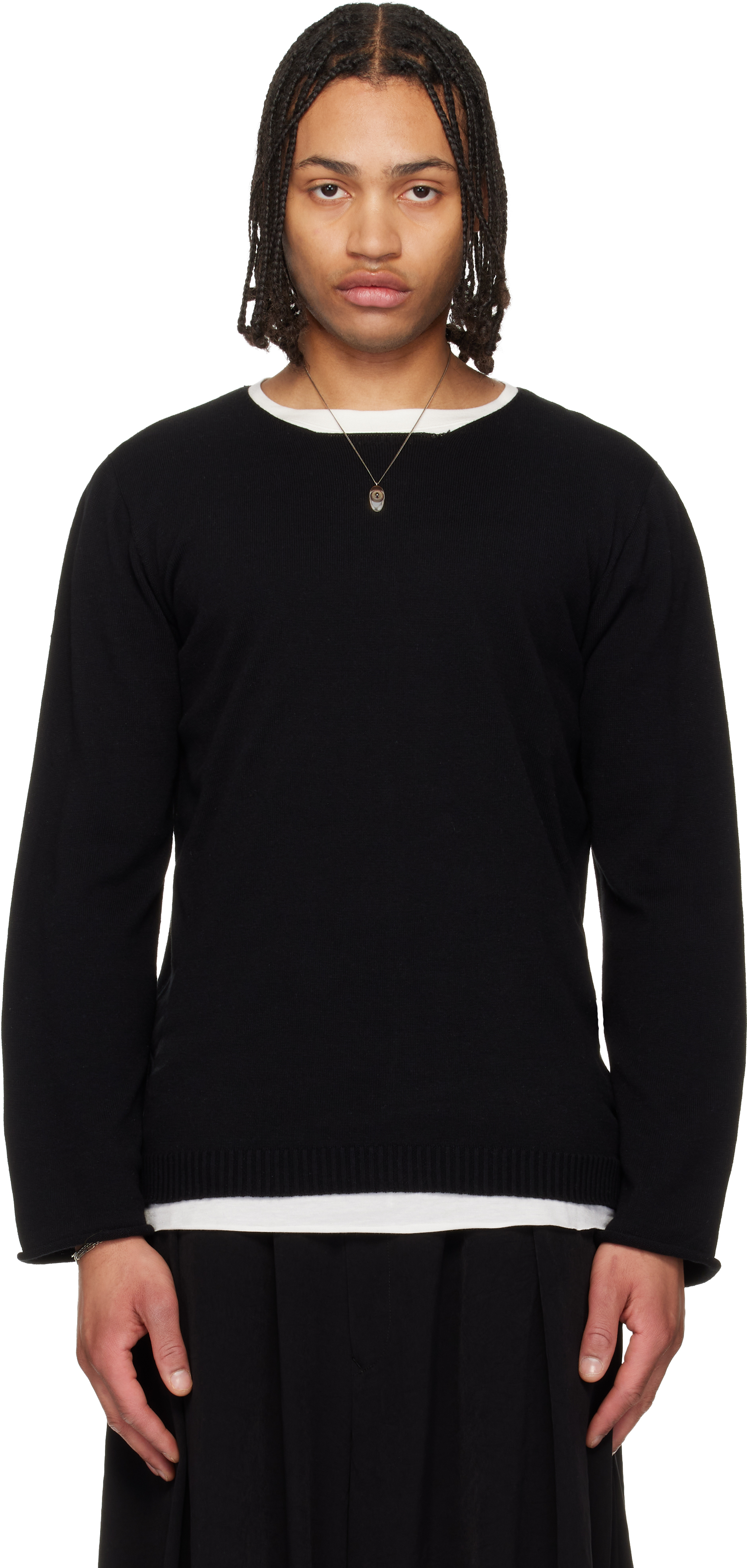 YOHJI YAMAMOTO: Black Cotton Cashmere Round Neck PO Knit Sweater