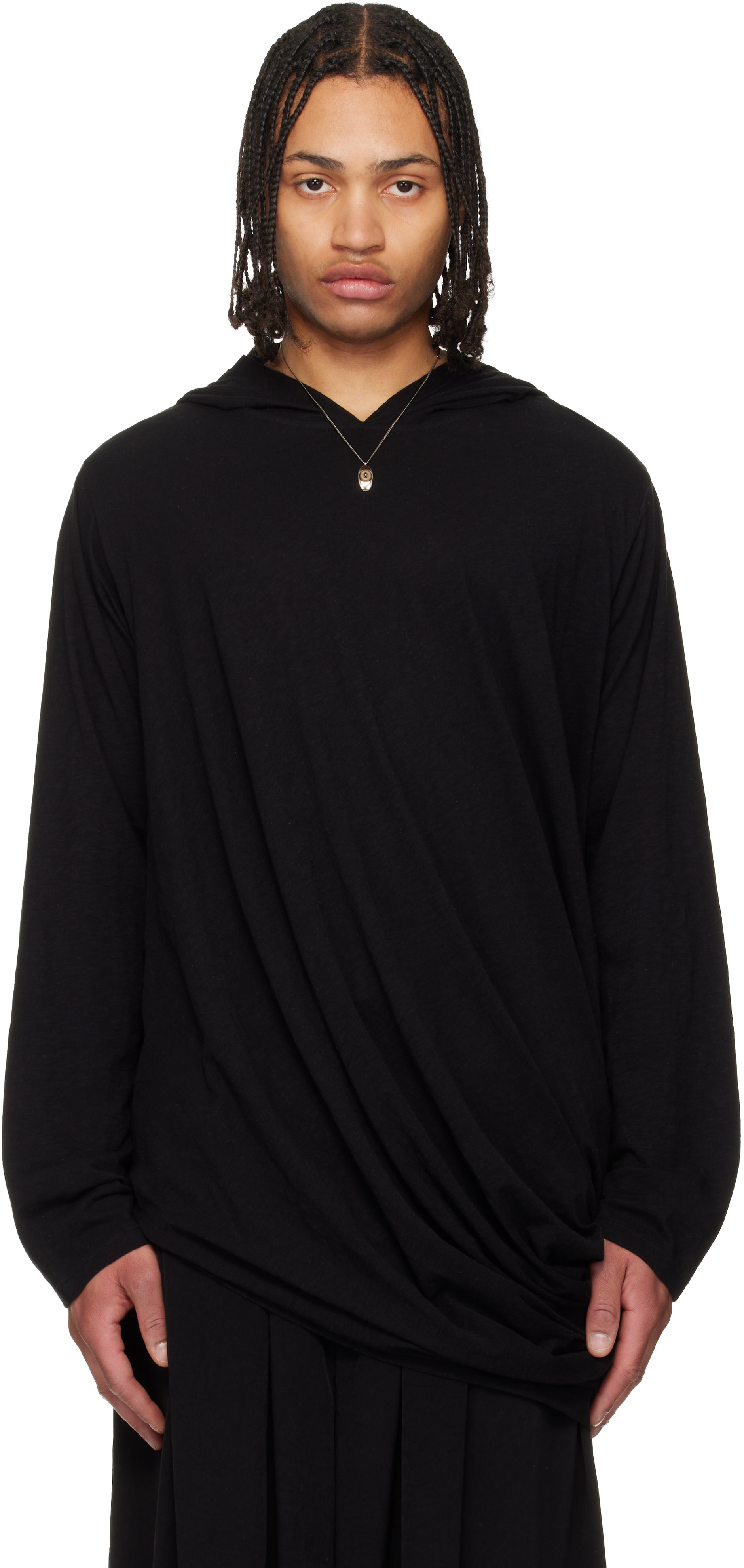 YOHJI YAMAMOTO: ブラック ドレープ 長袖フーディ | SSENSE 日本