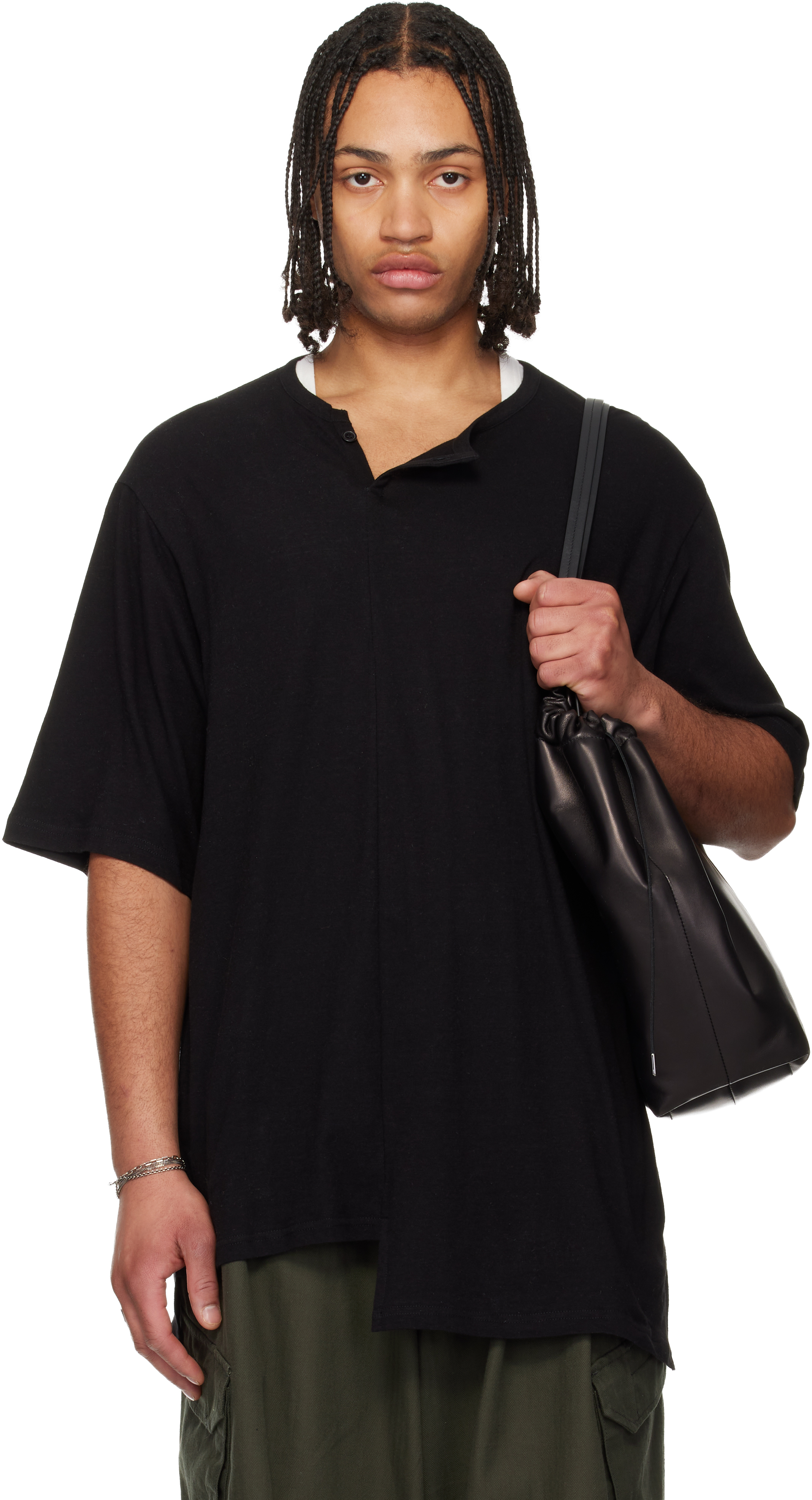 YOHJI YAMAMOTO: Black Paneled Short Sleeve Henley | SSENSE