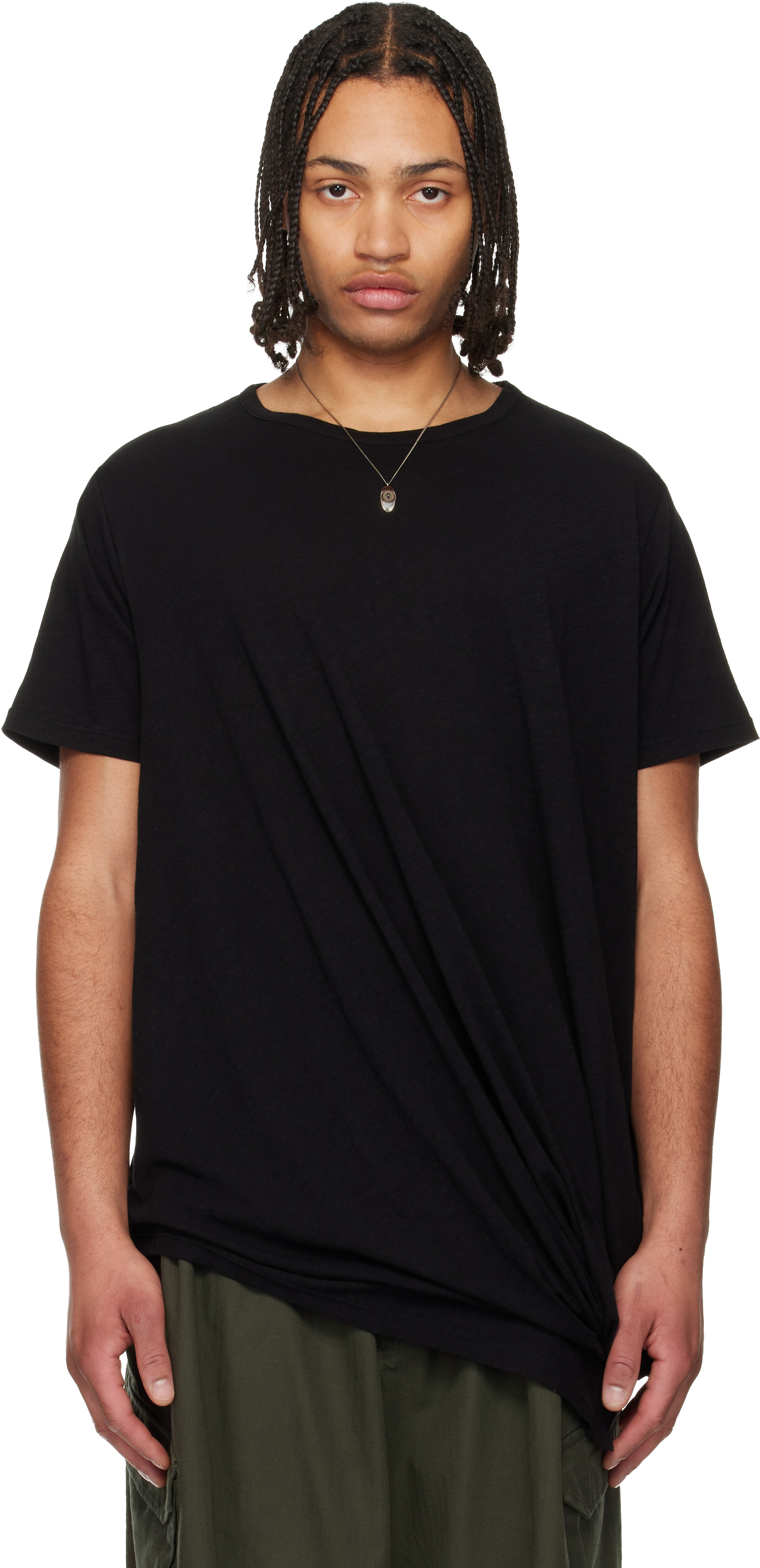 YOHJI YAMAMOTO: ブラック ドレープ 半袖Tシャツ | SSENSE 日本