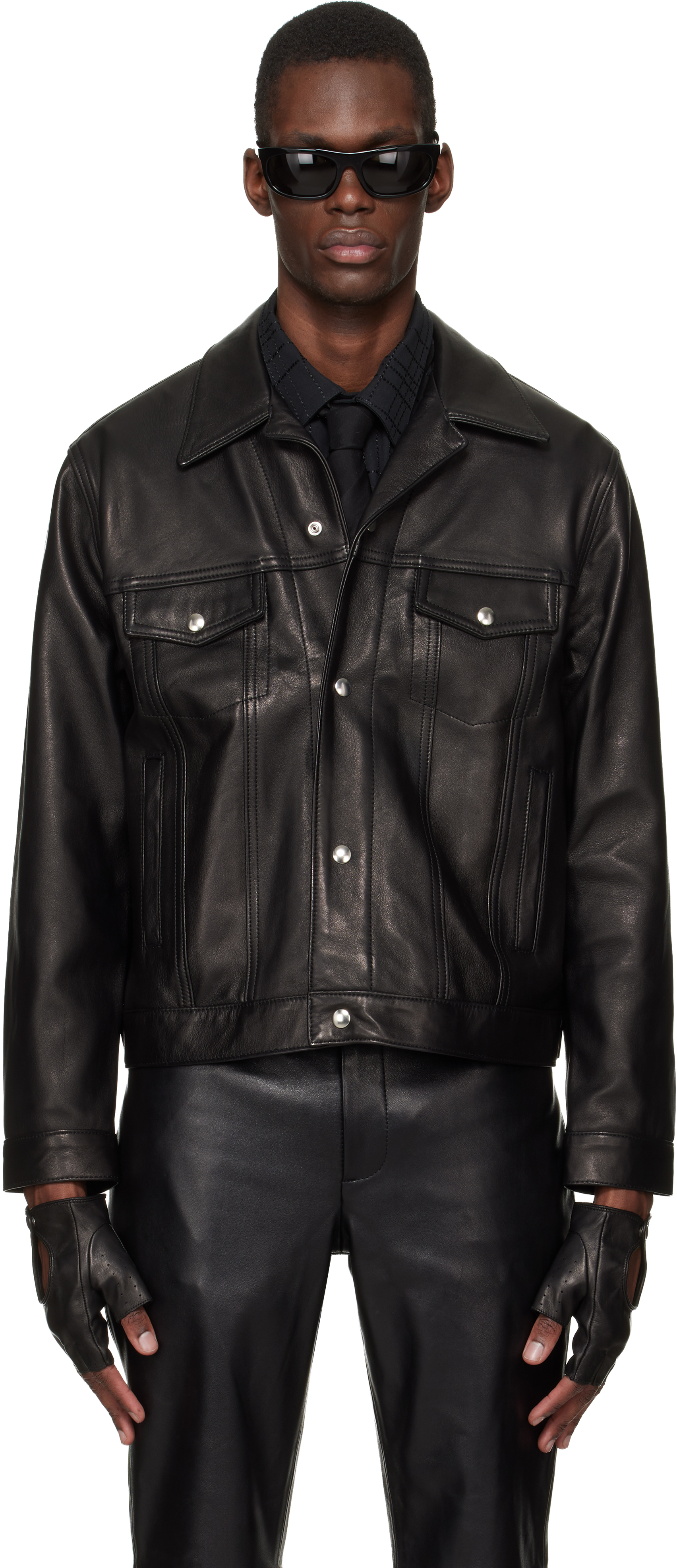 Ernest W. Baker: Black Diamond Spread Collar Leather Jacket | SSENSE