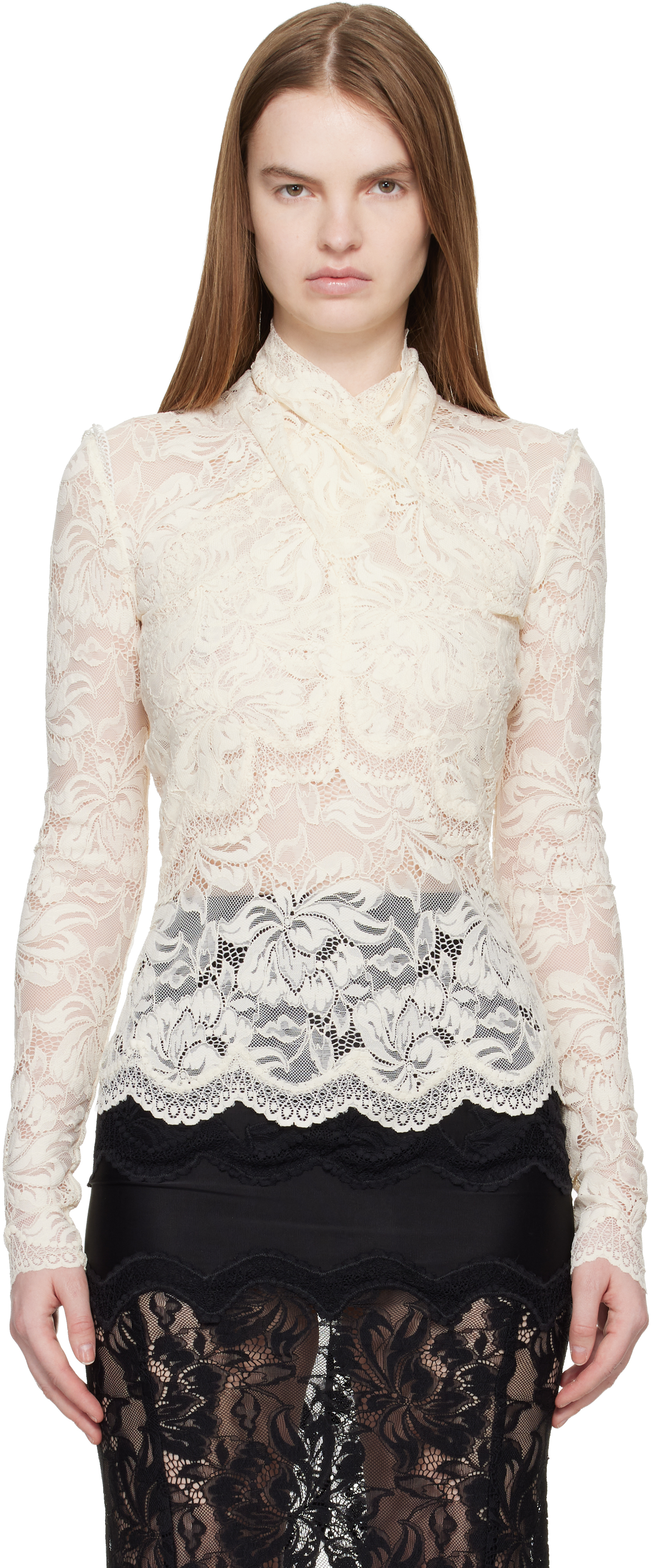 Off-White Long-Sleeved Lace Top by Rabanne on Sale