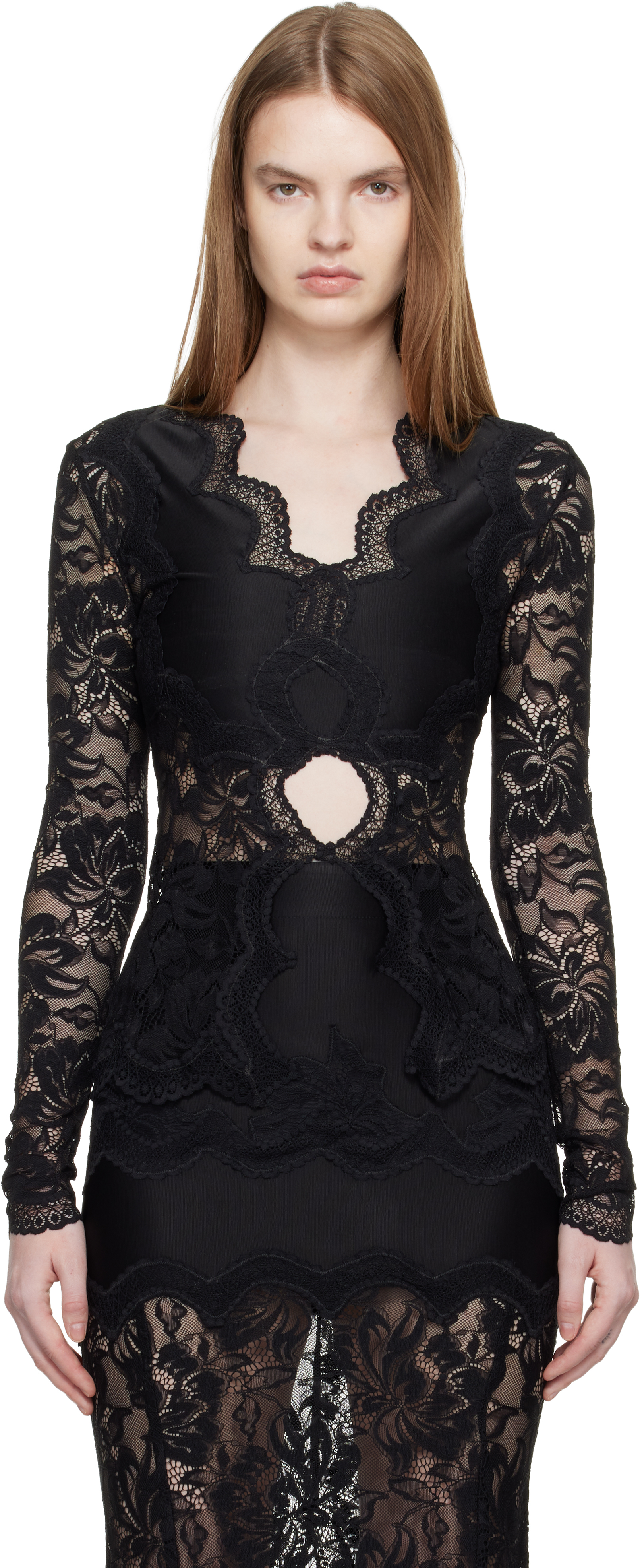 Rabanne: Black Long-Sleeved Lace Blouse | SSENSE