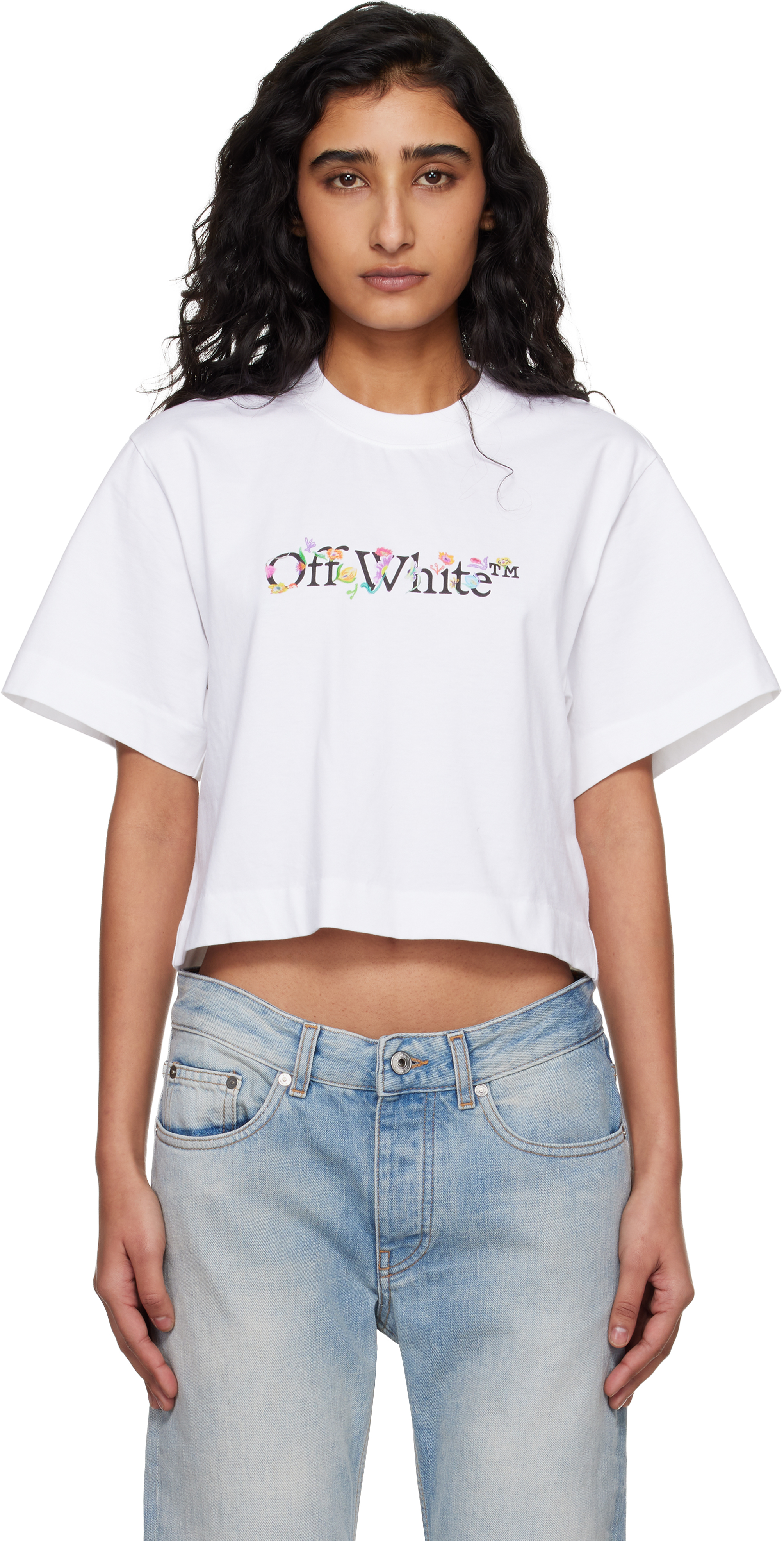 Off-White White Bookish Glowing Flower Crop T-shirt