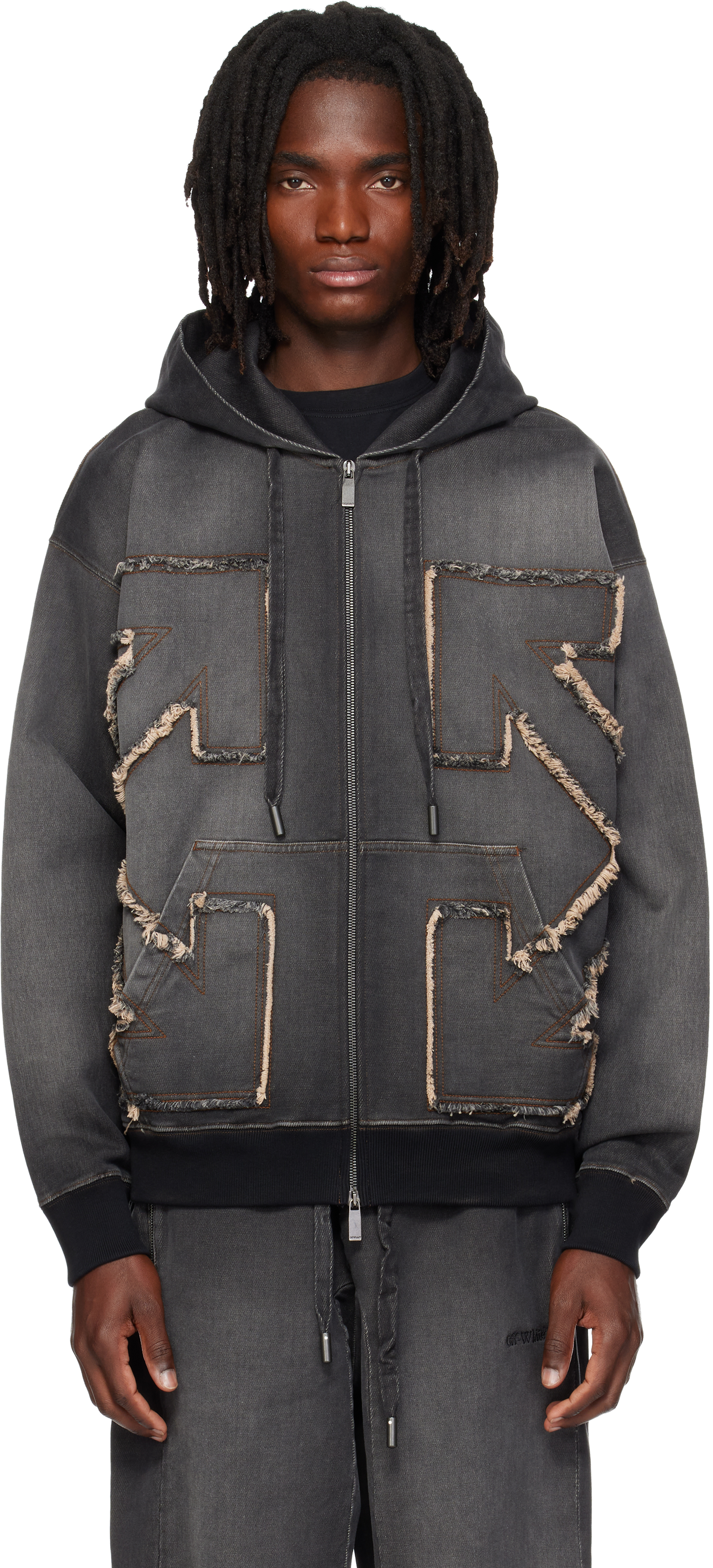 a*a様 DRAZEE Off-White: Black Distressed Arrow Skate Zip Hoodie | SSENSE