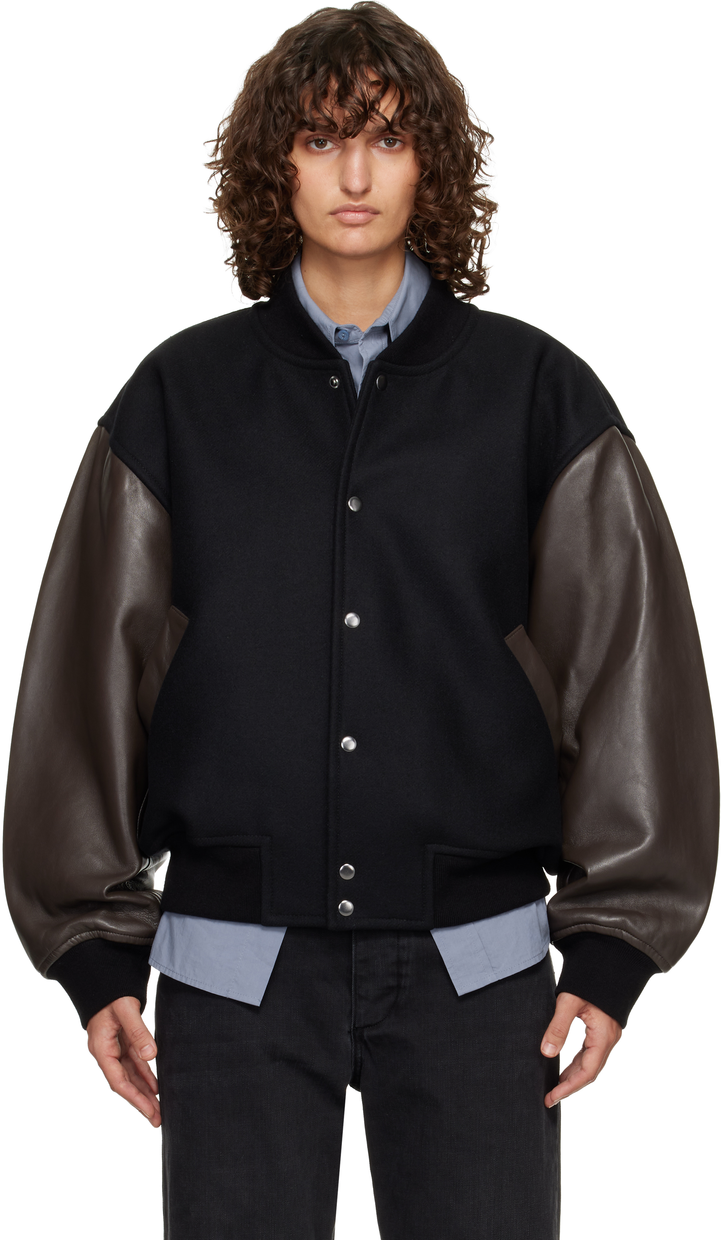 Black & Brown Alph Leather Bomber Jacket by Studio Nicholson on Sale