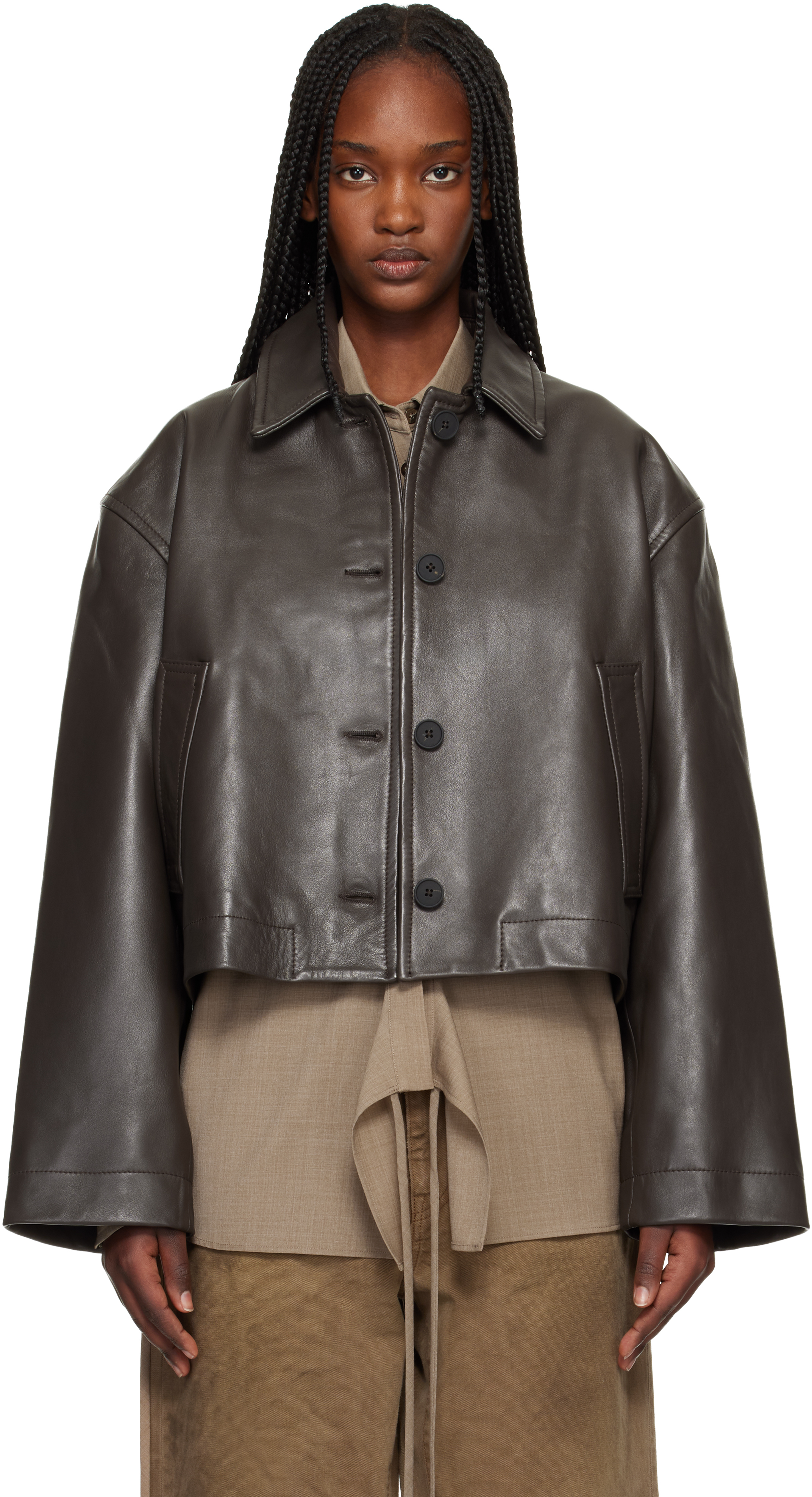 Studio Nicholsonのブラウン Button Through クロップド レザー