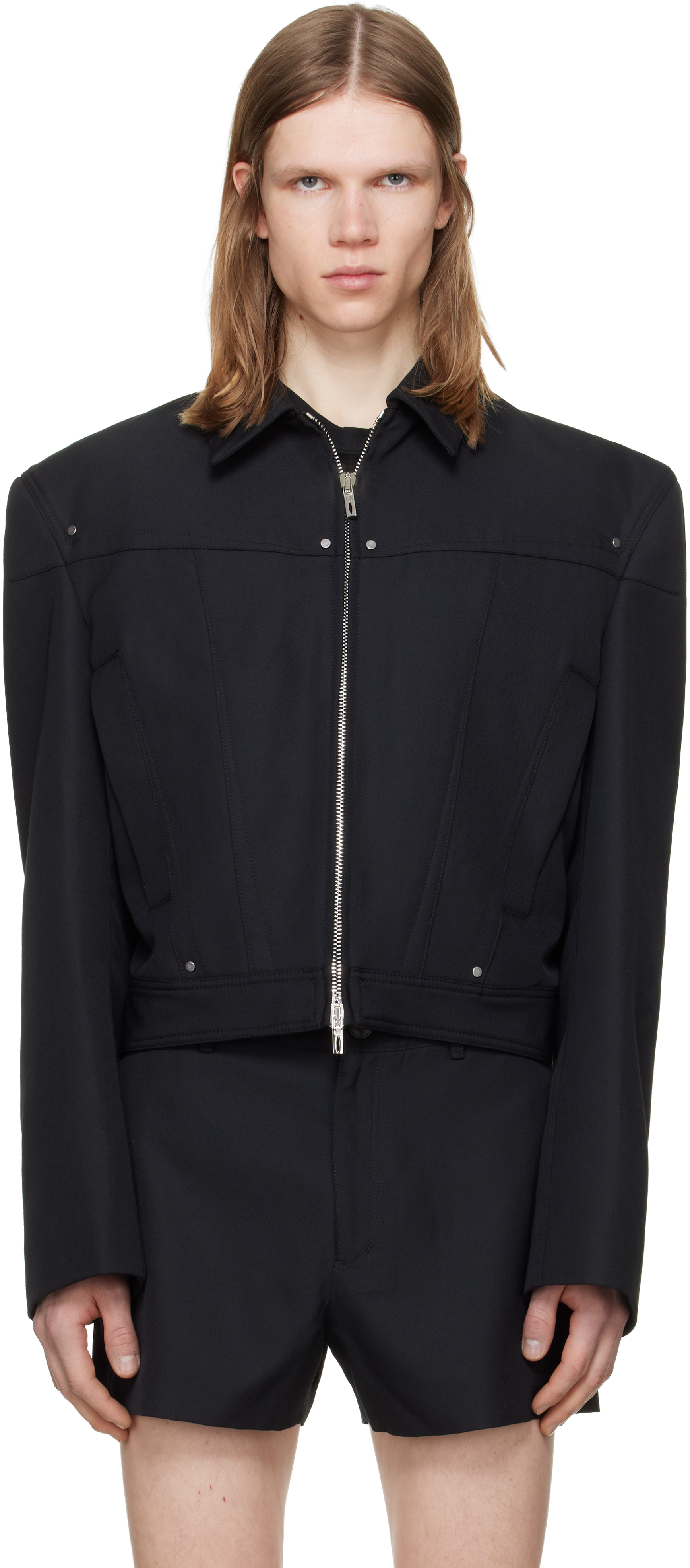 LGN Louis Gabriel Nouchi Black Shoulder Padding Wool Zipped Jacket