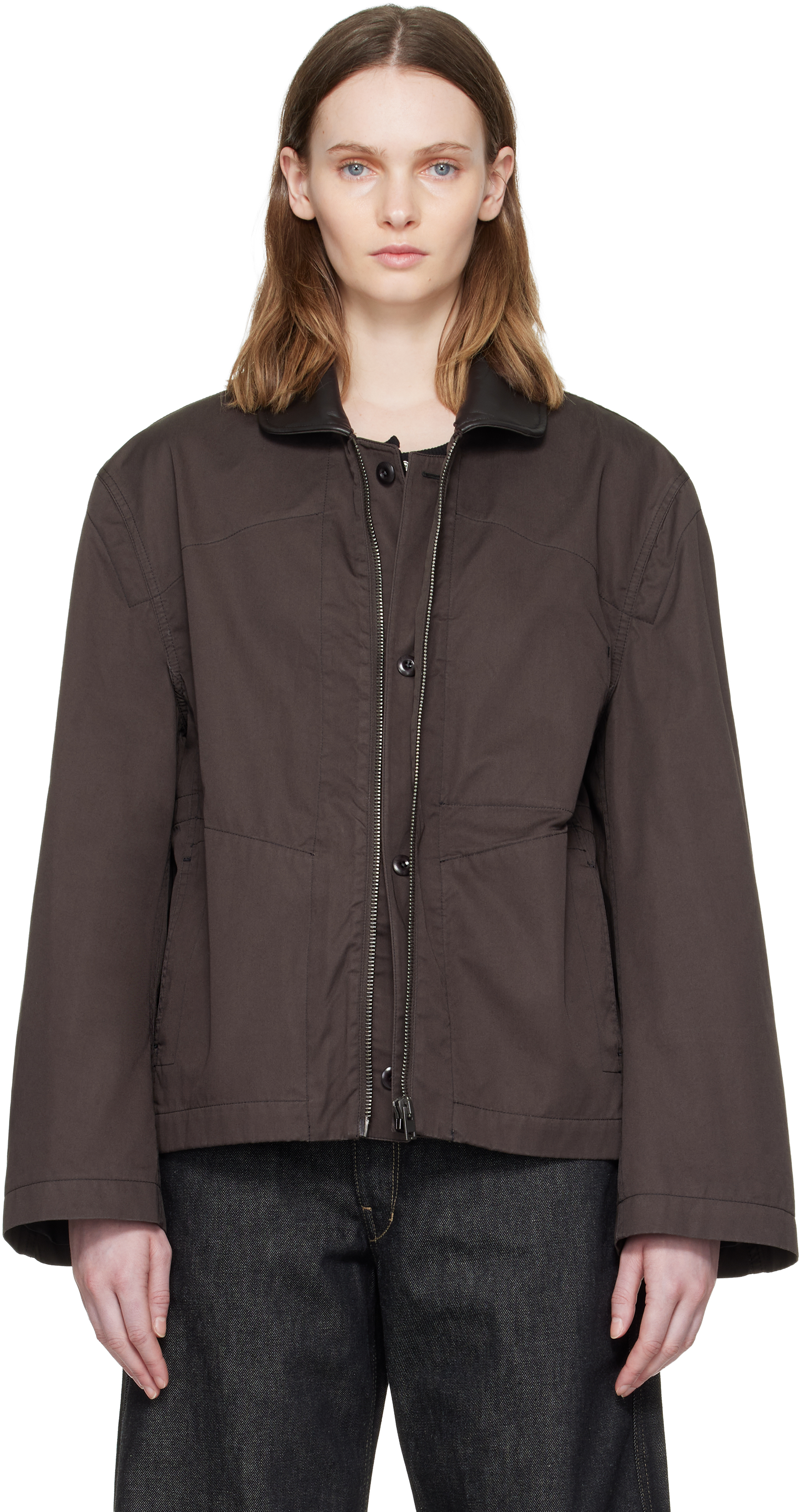 LEMAIRE: Brown Leather Collar Cotton Twill Blouson Jacket | SSENSE