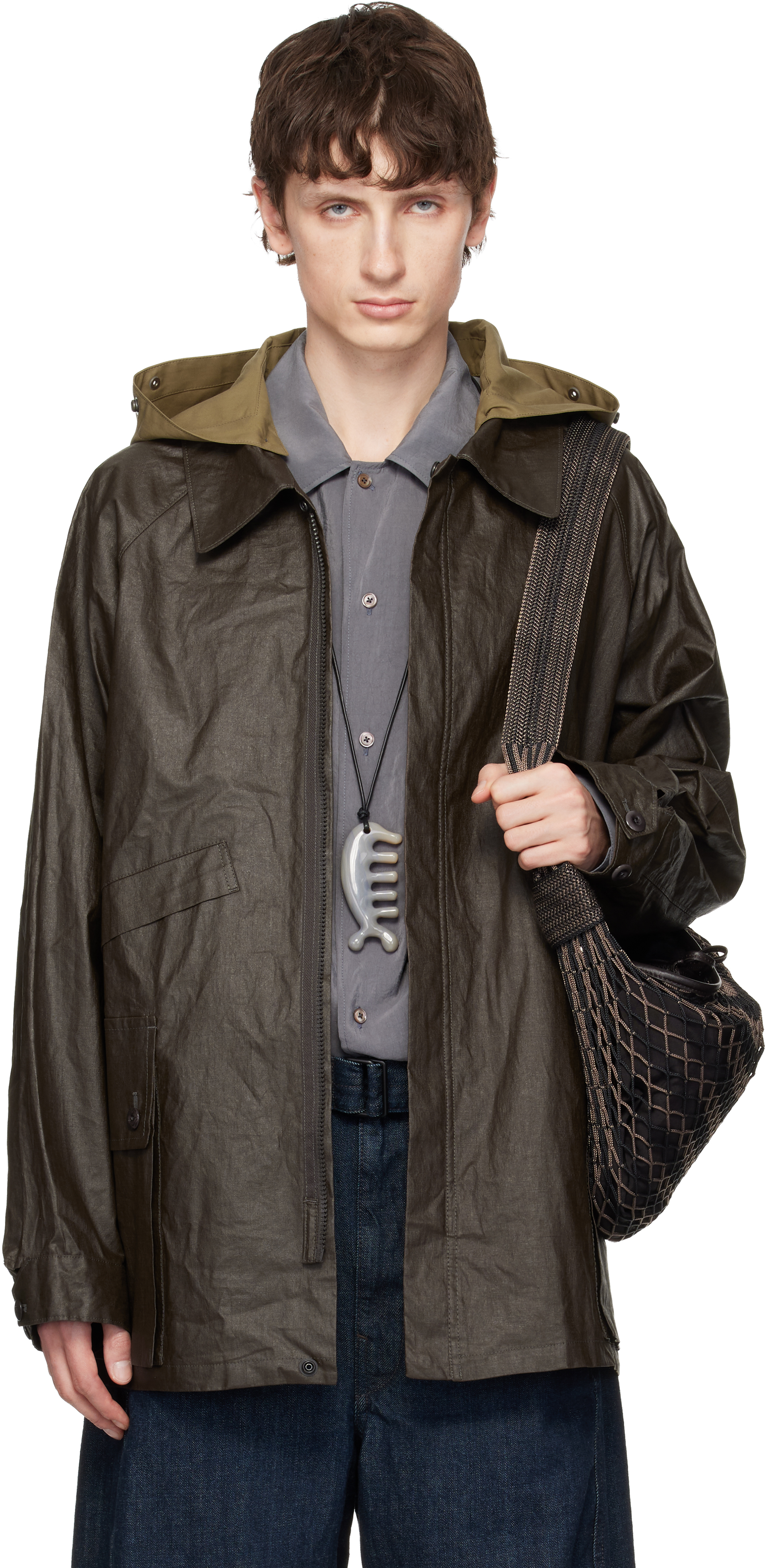 LEMAIRE Brown Detachable Hood Coated Technical Linen Rain Jacket