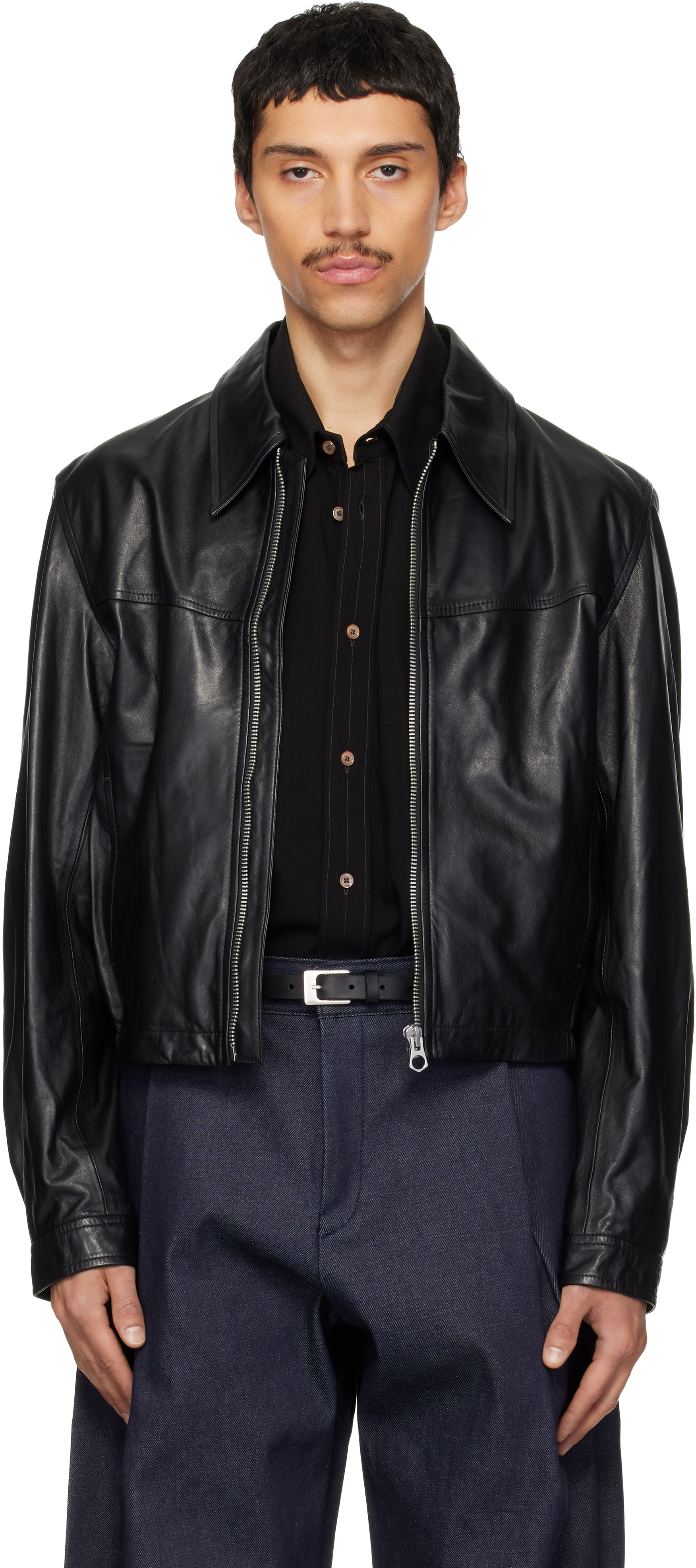 LEMAIRE Black Leather Biker Jacket