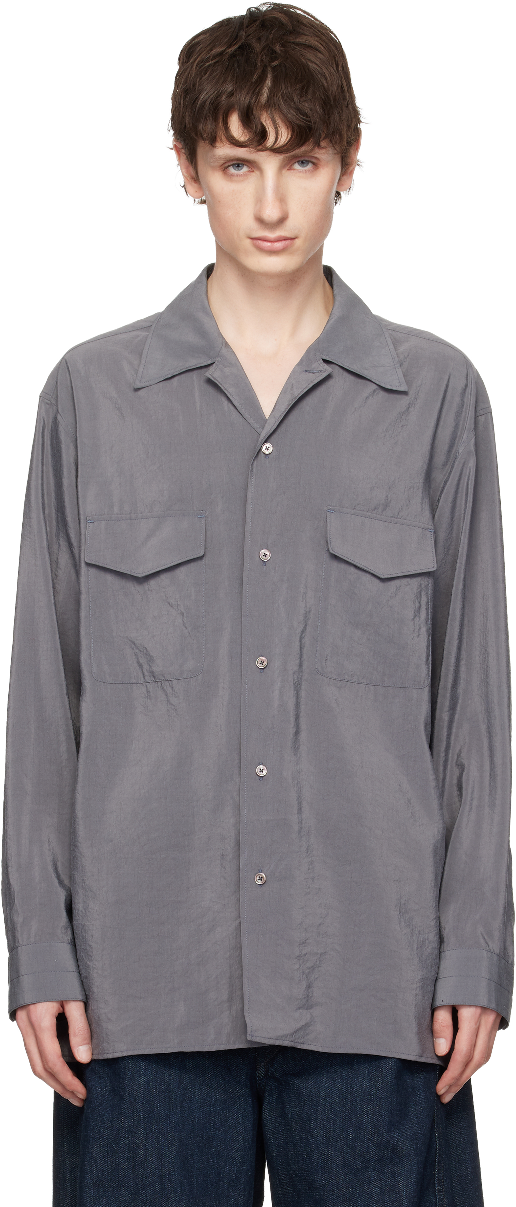 トップス LEMAIRE CONVERTIBLE COLLAR LS SHIRT 22SS LEMAIRE: Gray Convertible Collar Dry Silk Shirt | SSENSE Canada