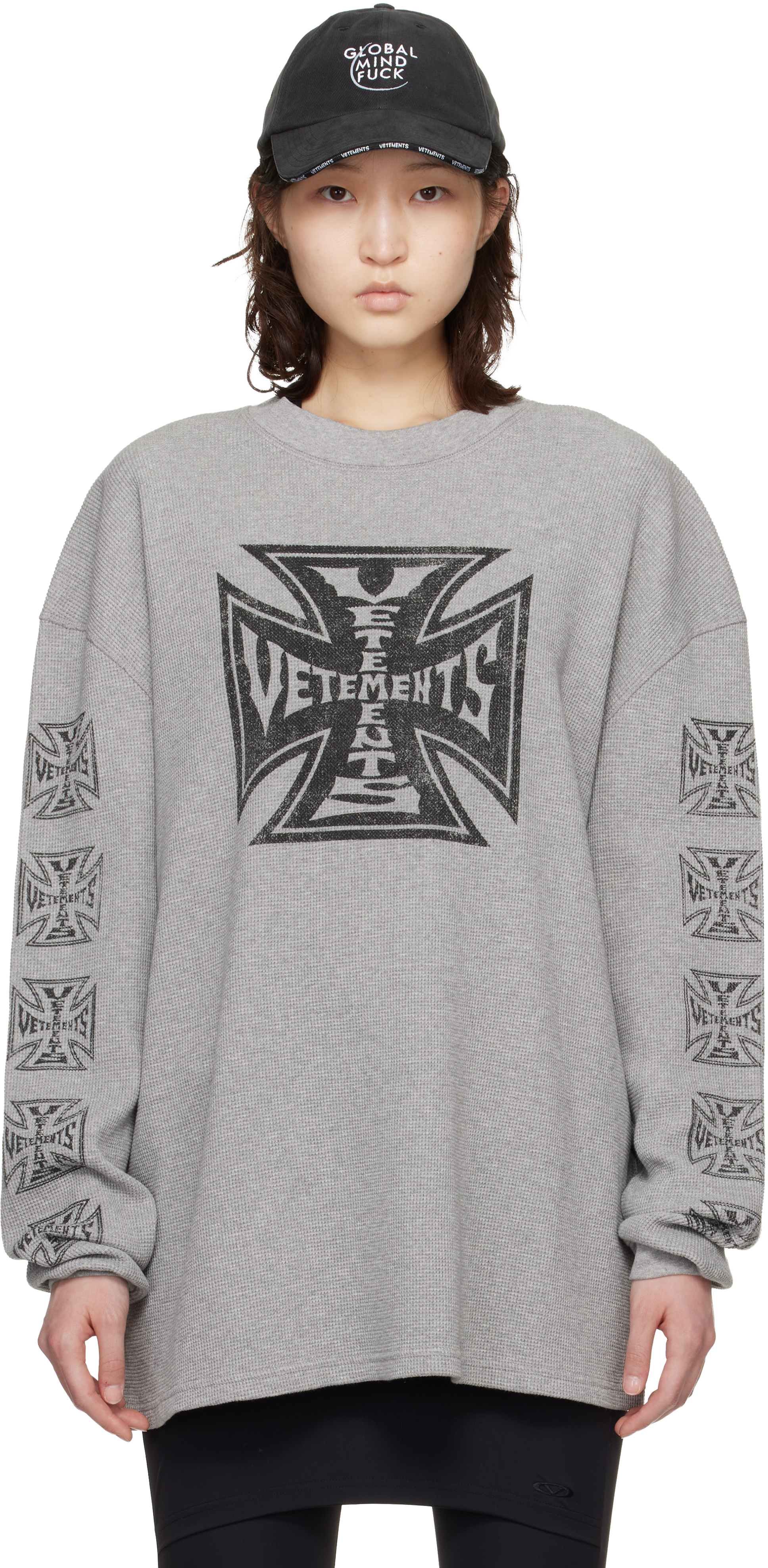 VETEMENTS: Gray Biker Cross Waffle Longsleeve T-shirt | SSENSE