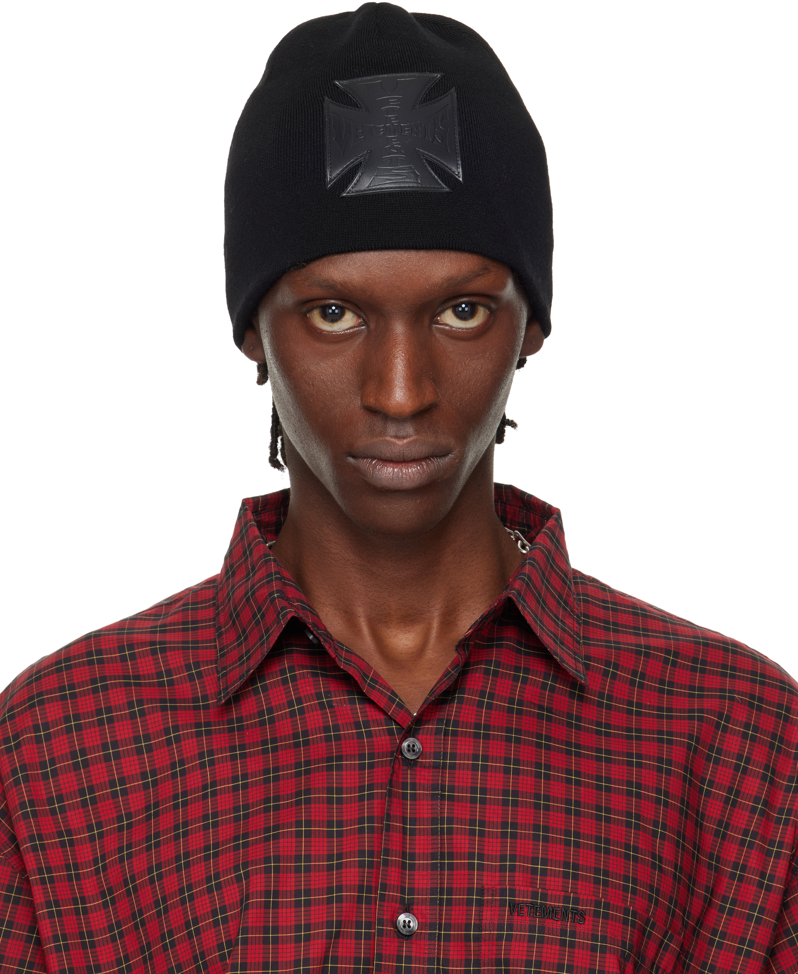 VETEMENTS BIKER CROSS LOGO BEANIE ブラックOS Black Leather Biker Cross Logo Beanie by VETEMENTS on Sale