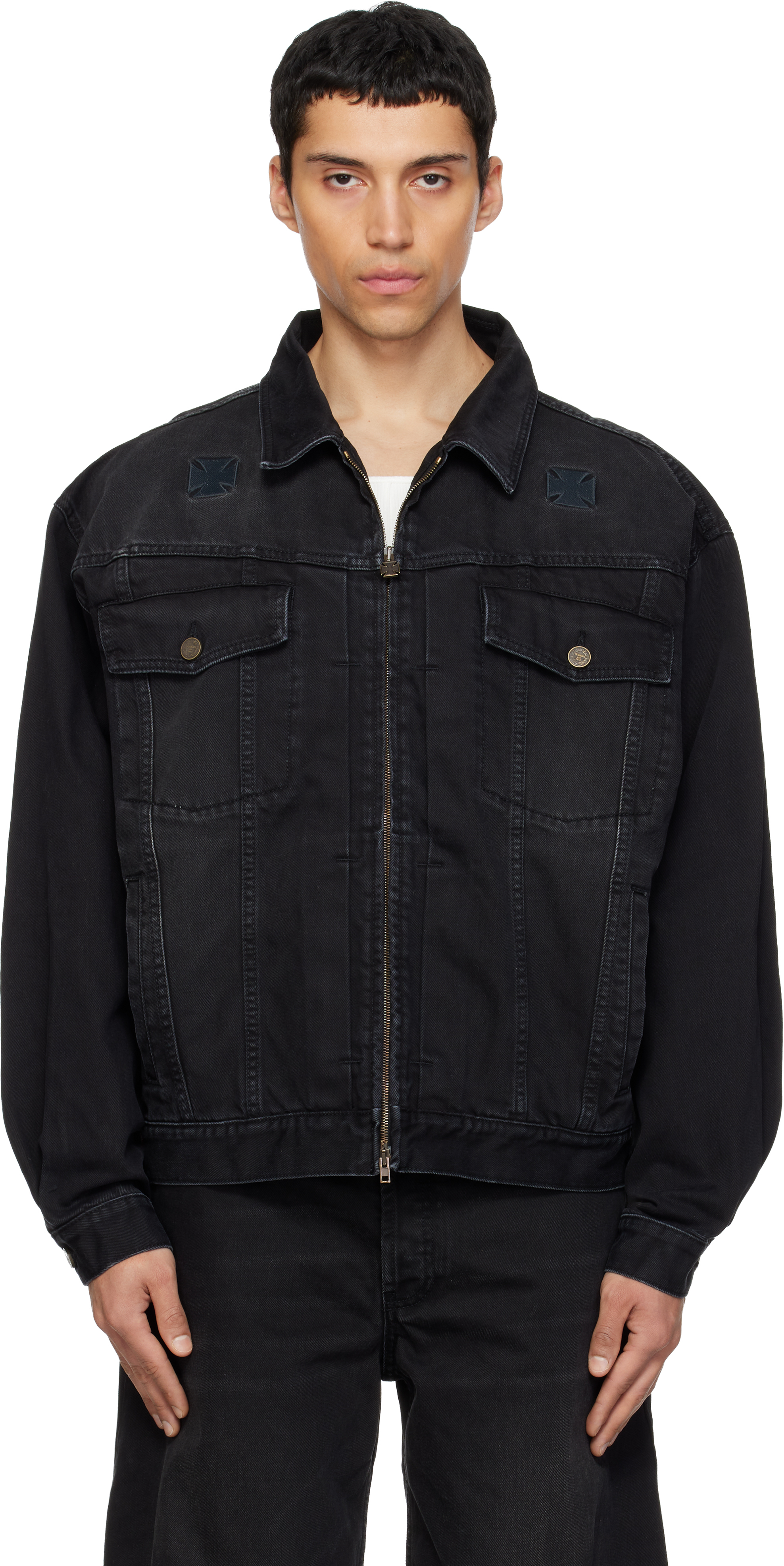 VETEMENTS Black Appliqué Biker Crosses Zip Denim Jacket