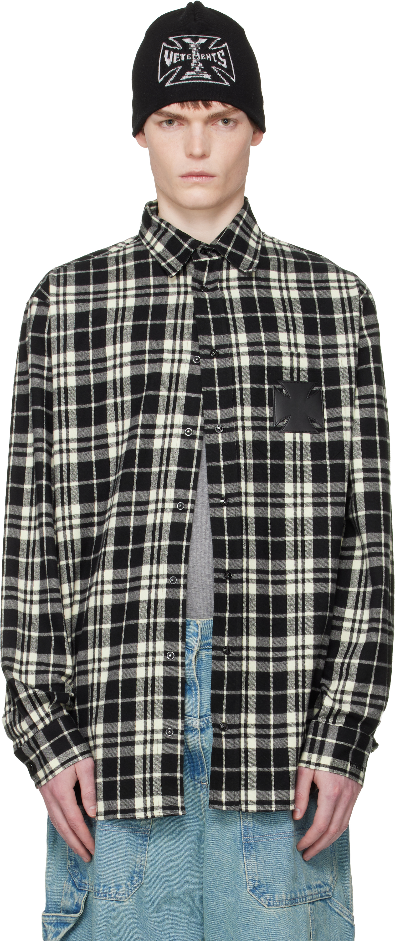 Black & White Leather Cross Flannel Shirt by VETEMENTS on Sale