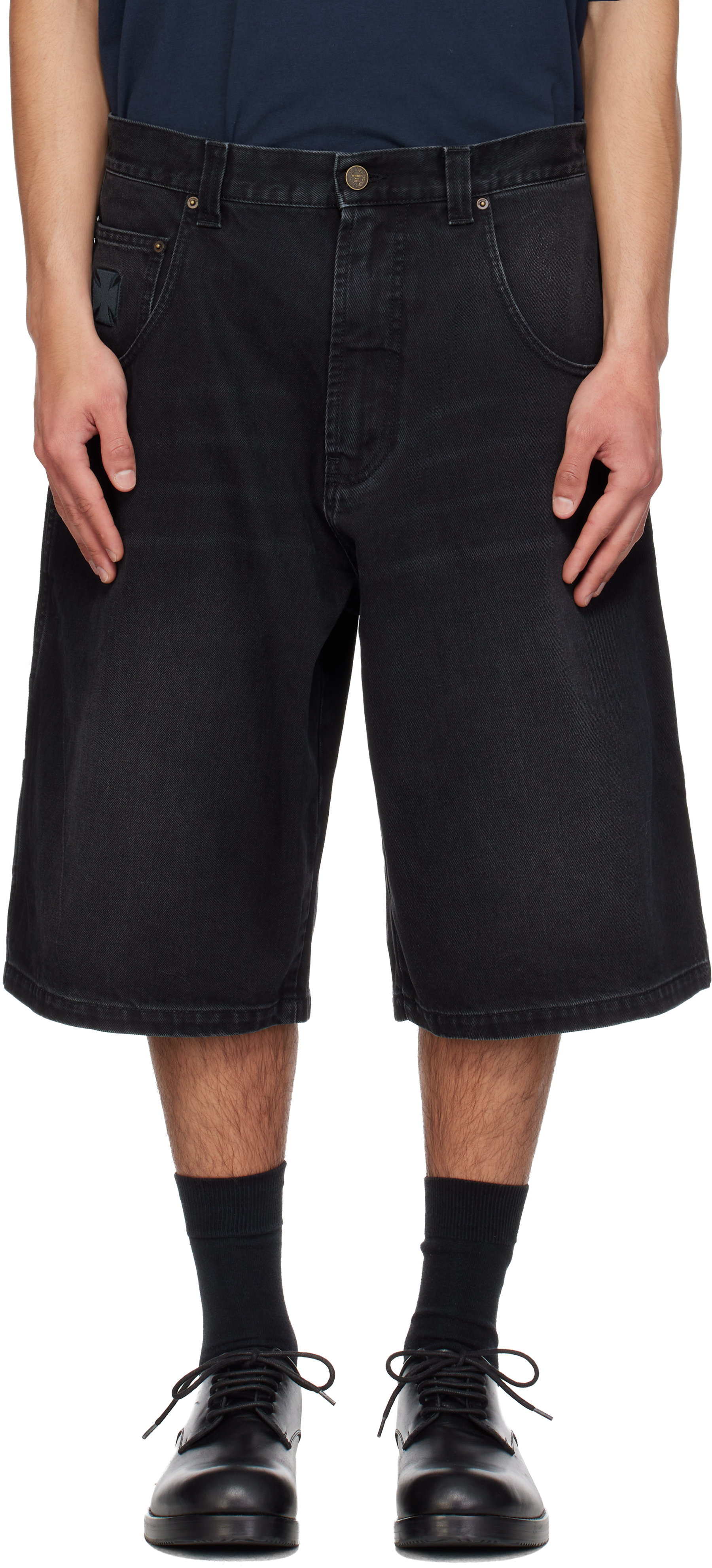 VETEMENTSのブラック Appliqué Biker Cross Hip-Hop デニムショート