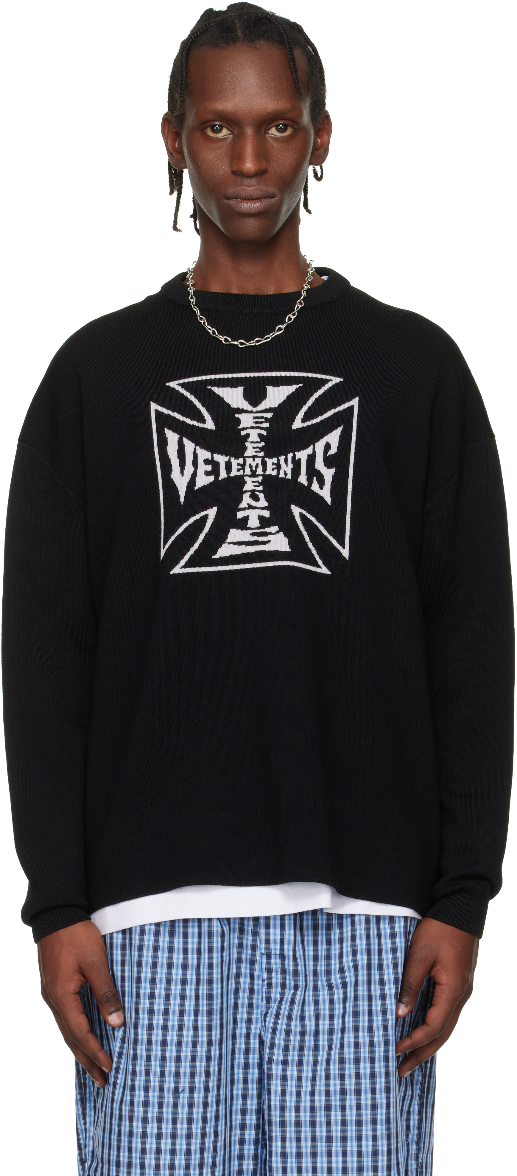 トップス VETEMENTS 23AW L DOUBLE LOGO SWEATER VETEMENTS: Black Double Biker Cross Logo Sweater | SSENSE