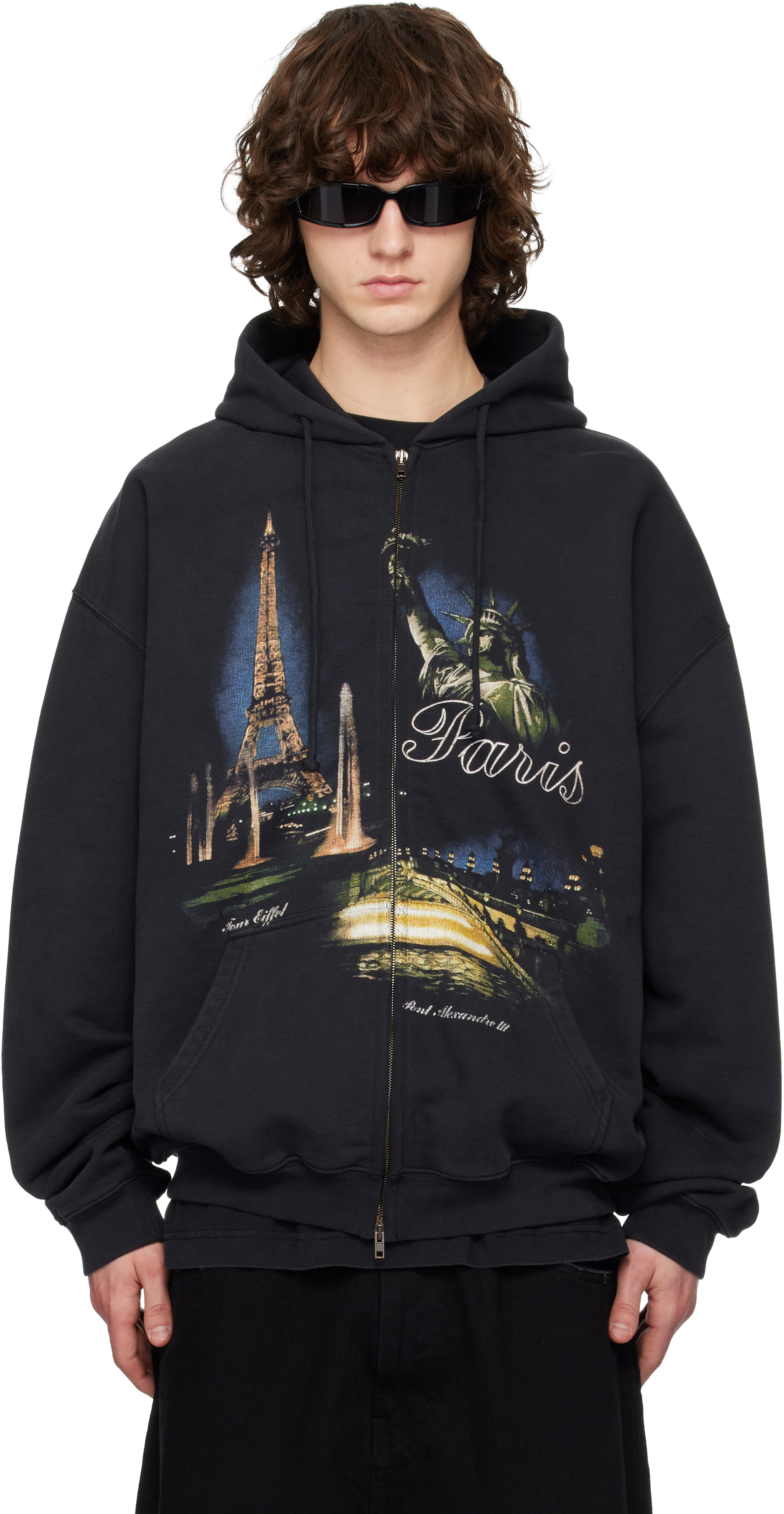 VETEMENTS: Black 'Paris' Tourist Zip-Up Hoodie | SSENSE