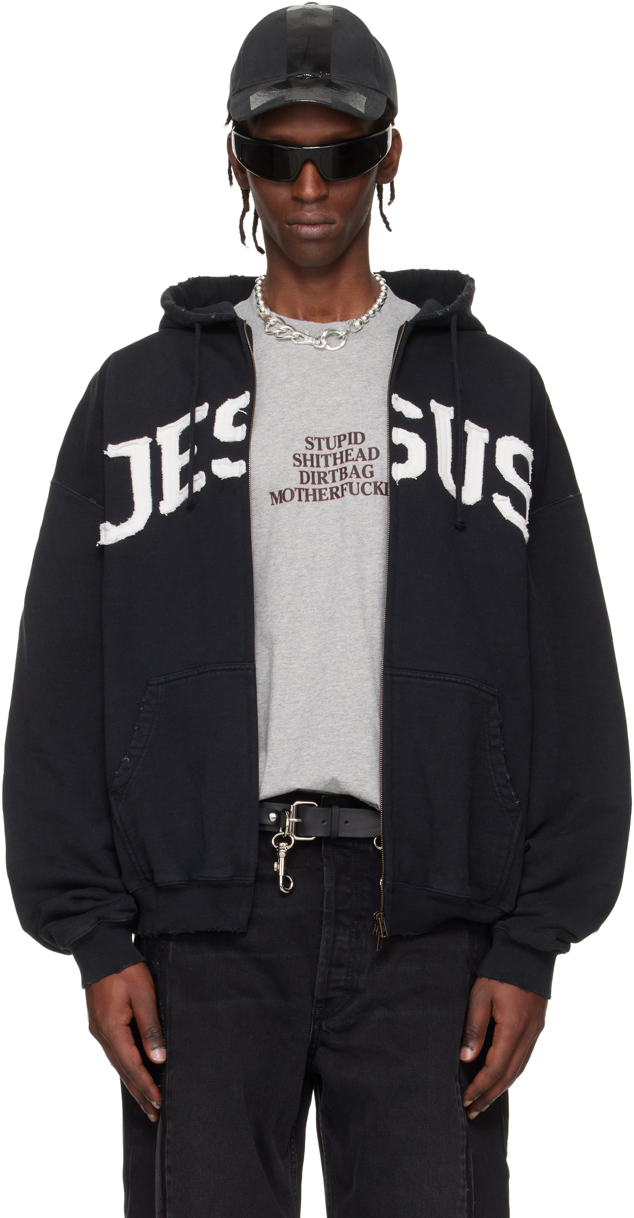 VETEMENTS　ジーザスロゴジップアップパーカー VETEMENTSのブラック 'Jesus Christ' ジップアップフーディがセール中