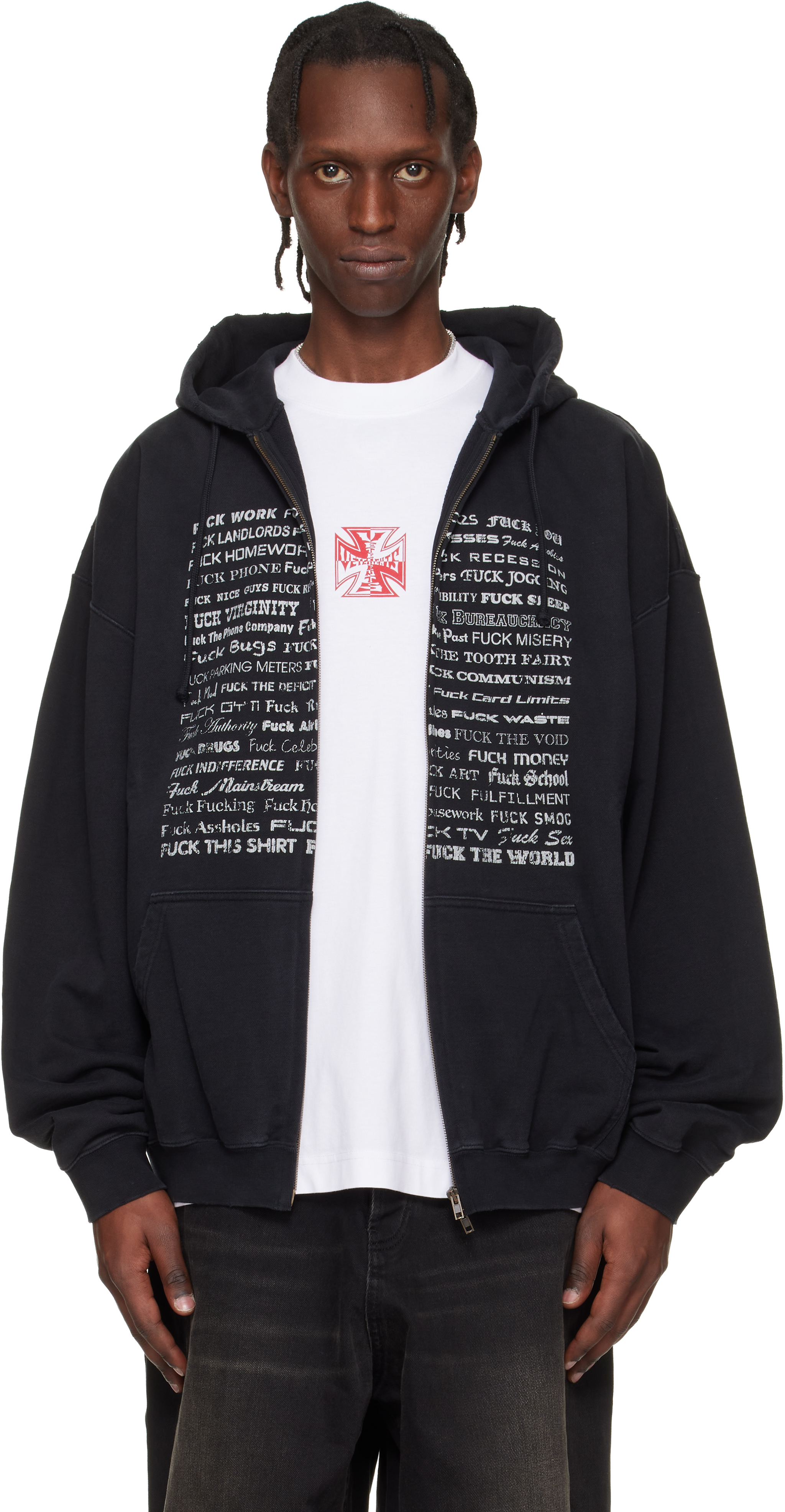 VETEMENTS: Black 'Fuck Everything' Zip-Up Hoodie | SSENSE