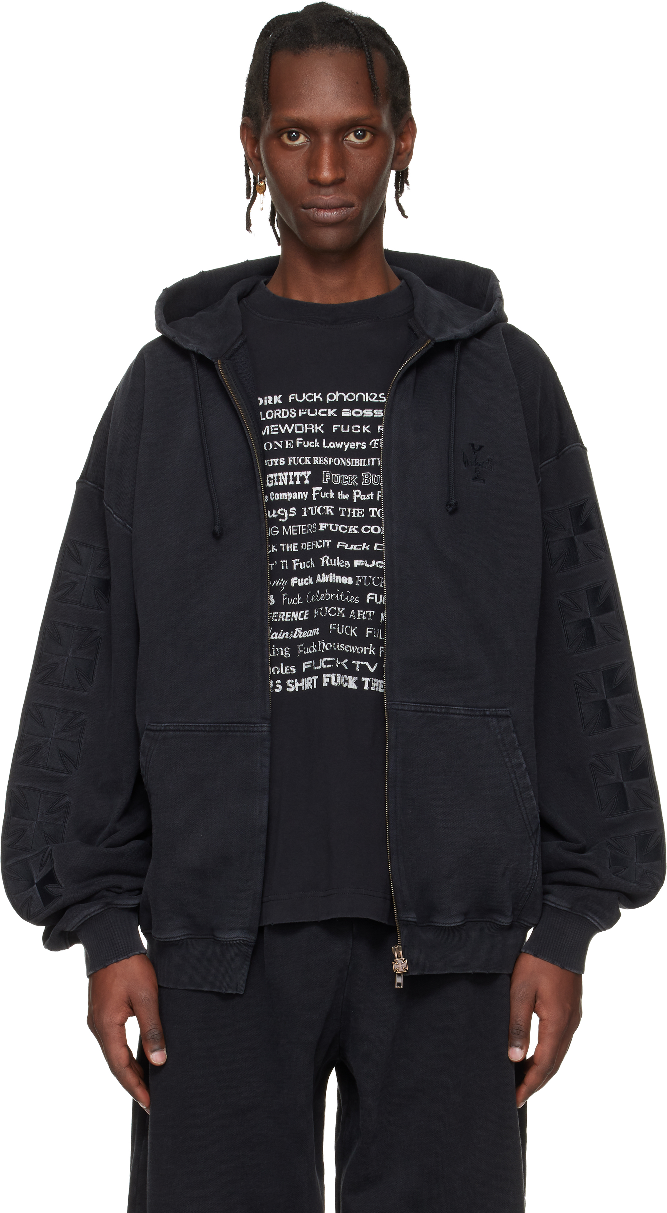 Black Embroidered Biker Cross Sleeves Zip-Up Hoodie by VETEMENTS