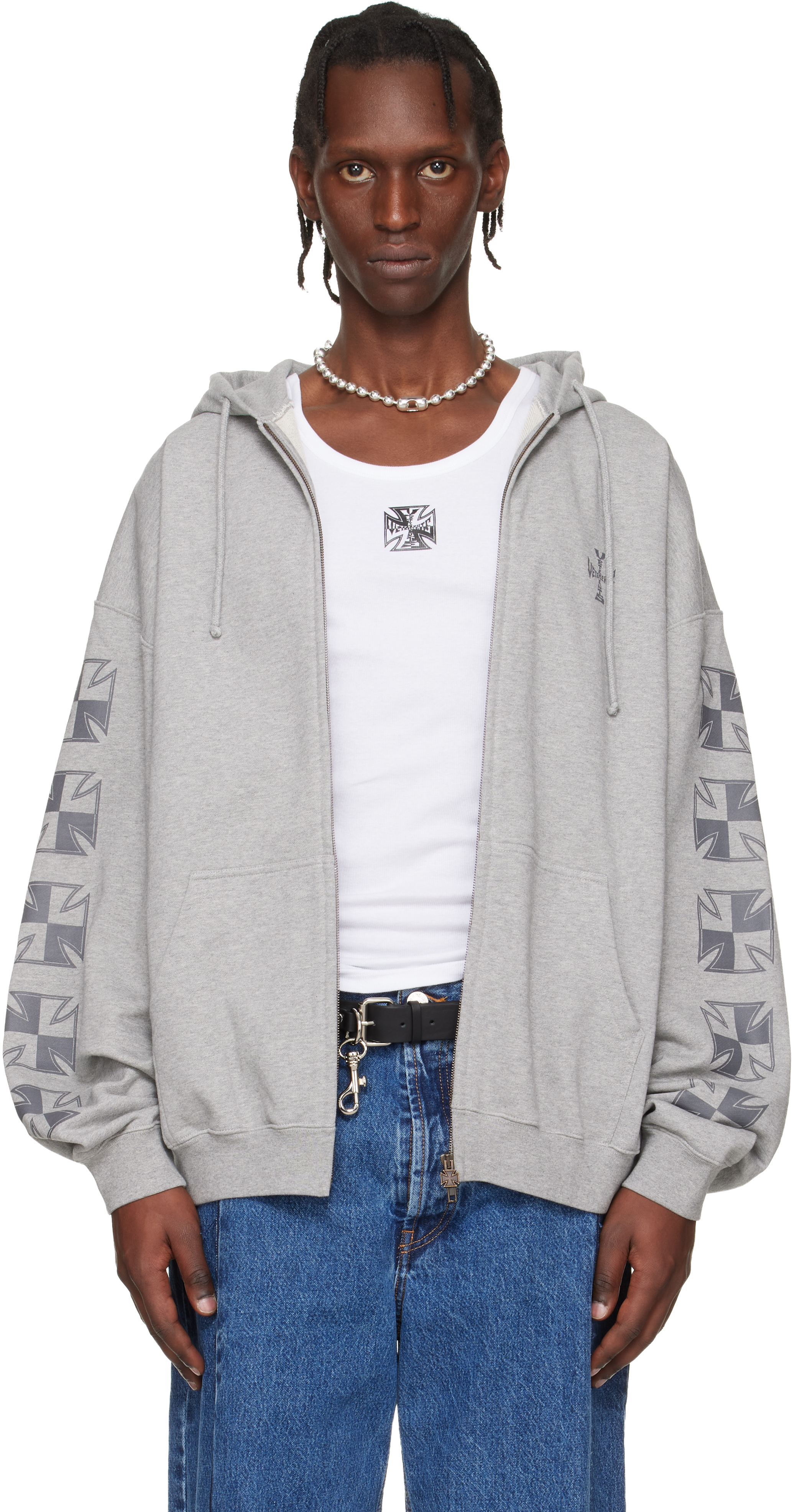 VETEMENTS: Gray Biker Cross Sleeves Zip-Up Hoodie | SSENSE Canada