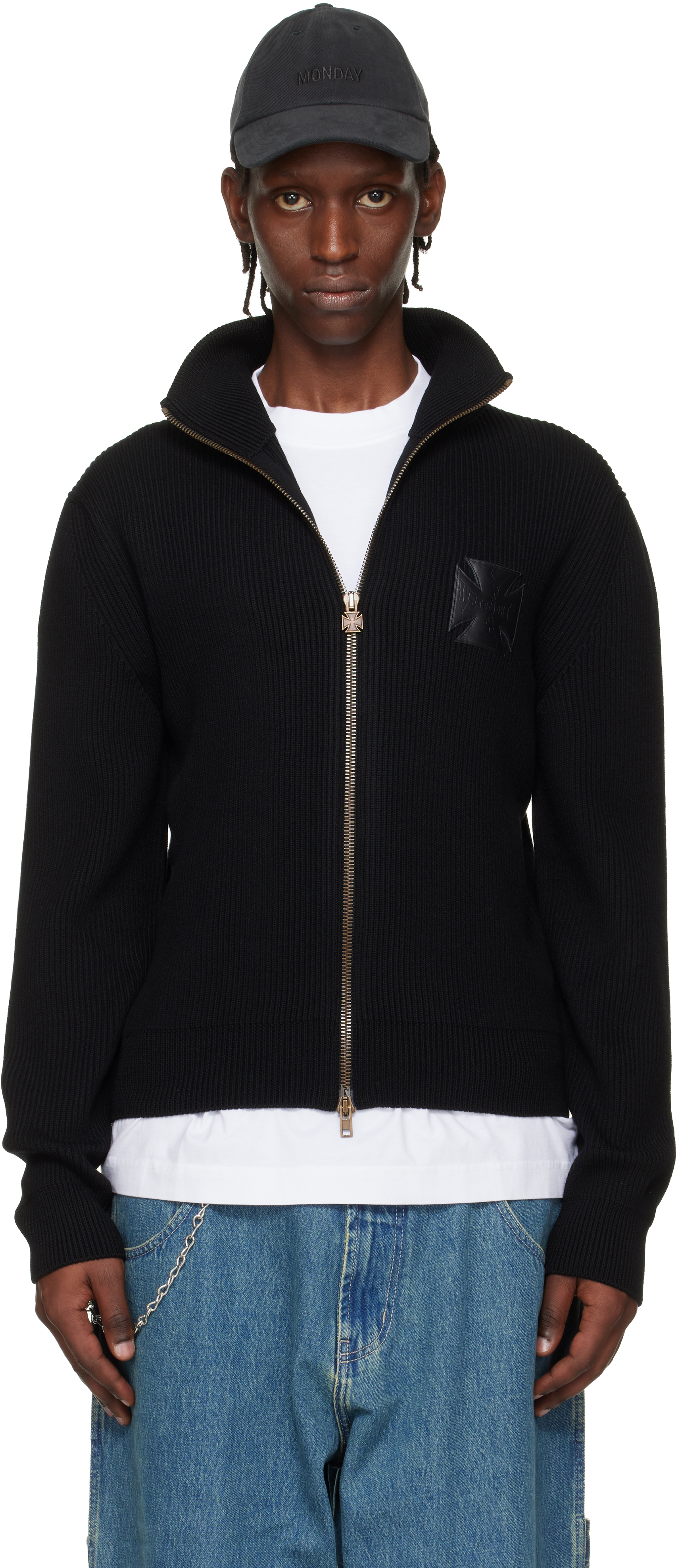 VETEMENTS: Black Leather Cross Zip-Up Sweater | SSENSE