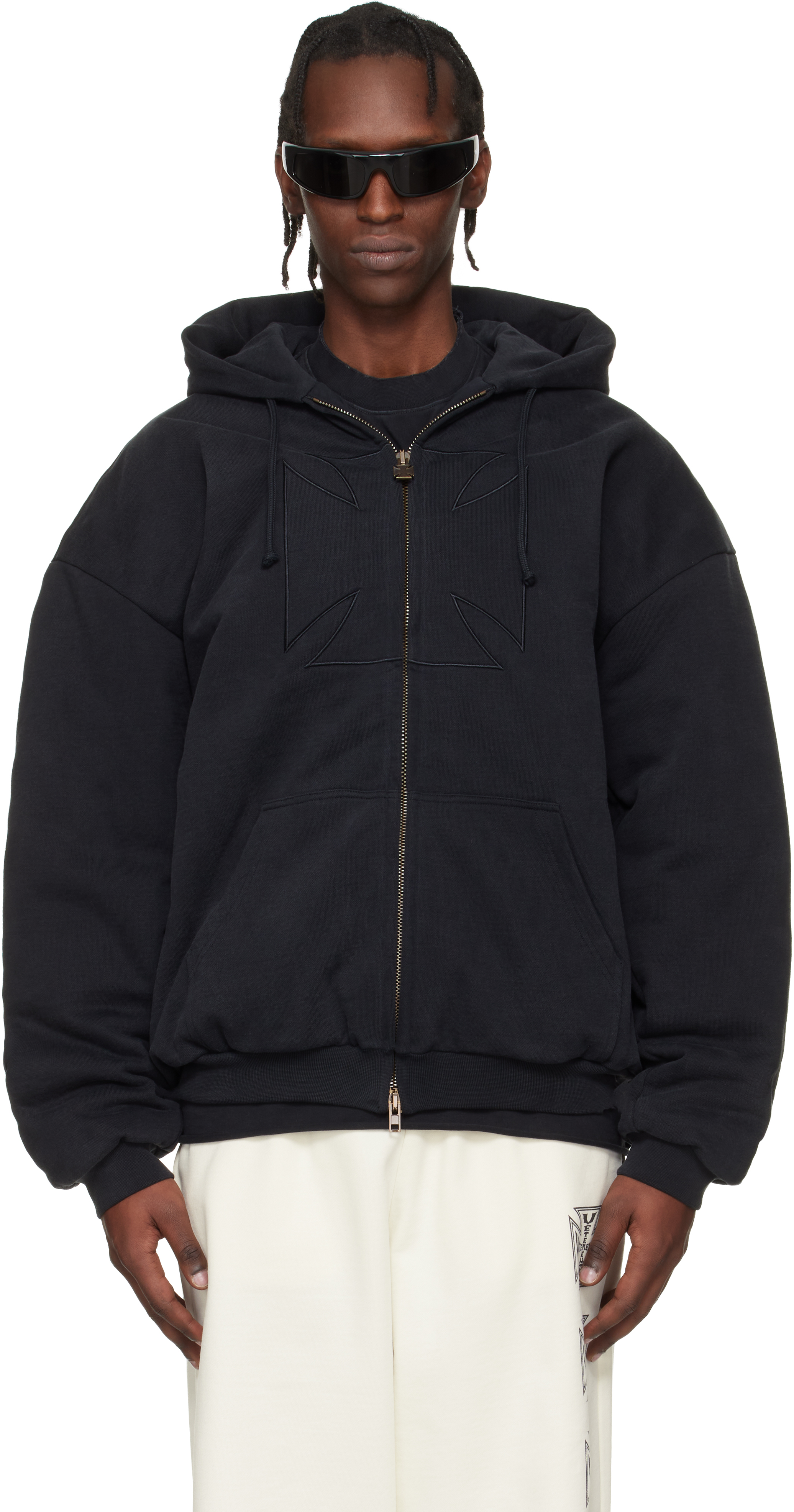 VETEMENTS: Black Embroidered Cross Padded Zip-Up Hoodie | SSENSE