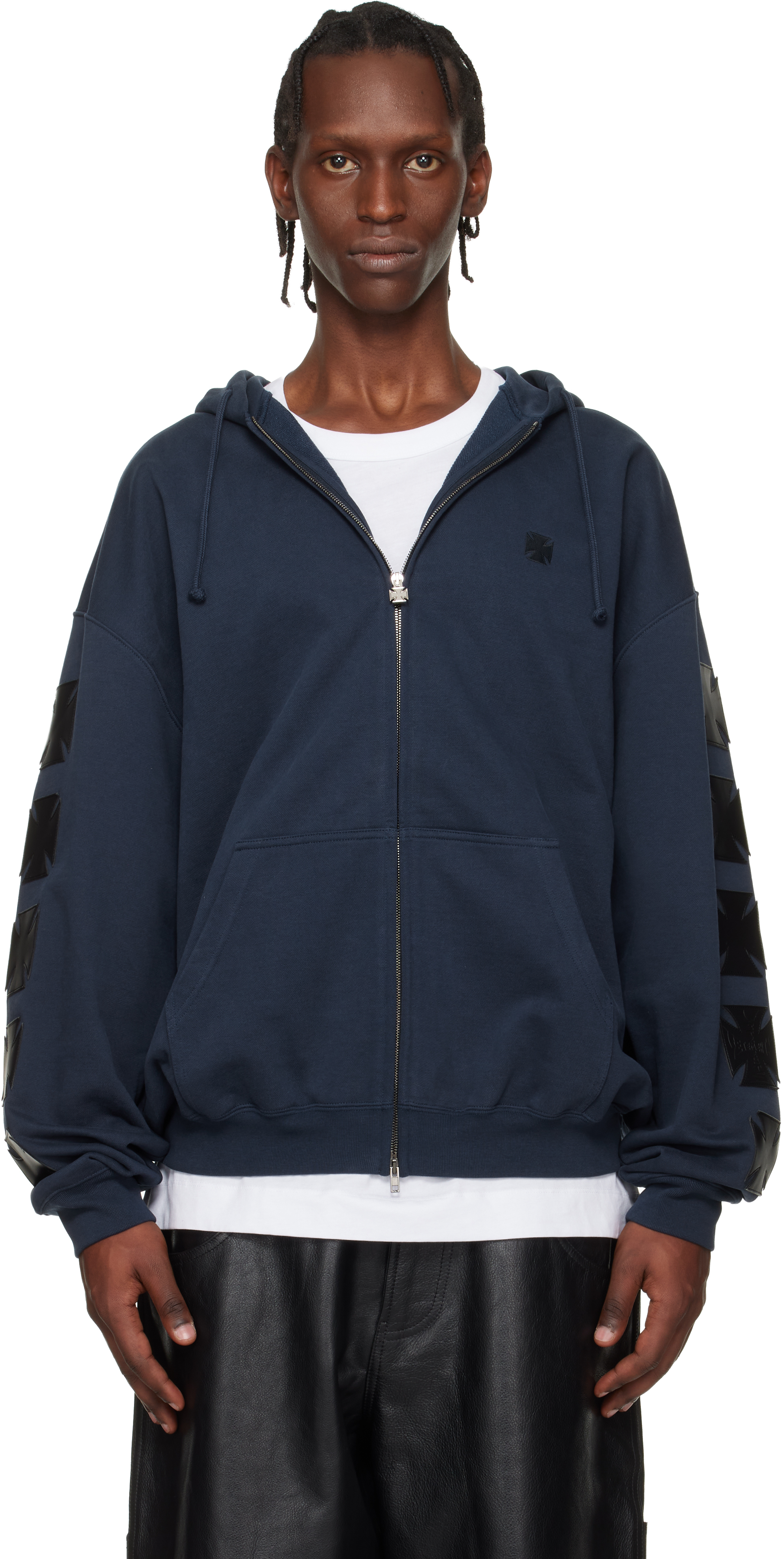 VETEMENTS: ネイビー Leather Biker Crosses ジップアップフーディ