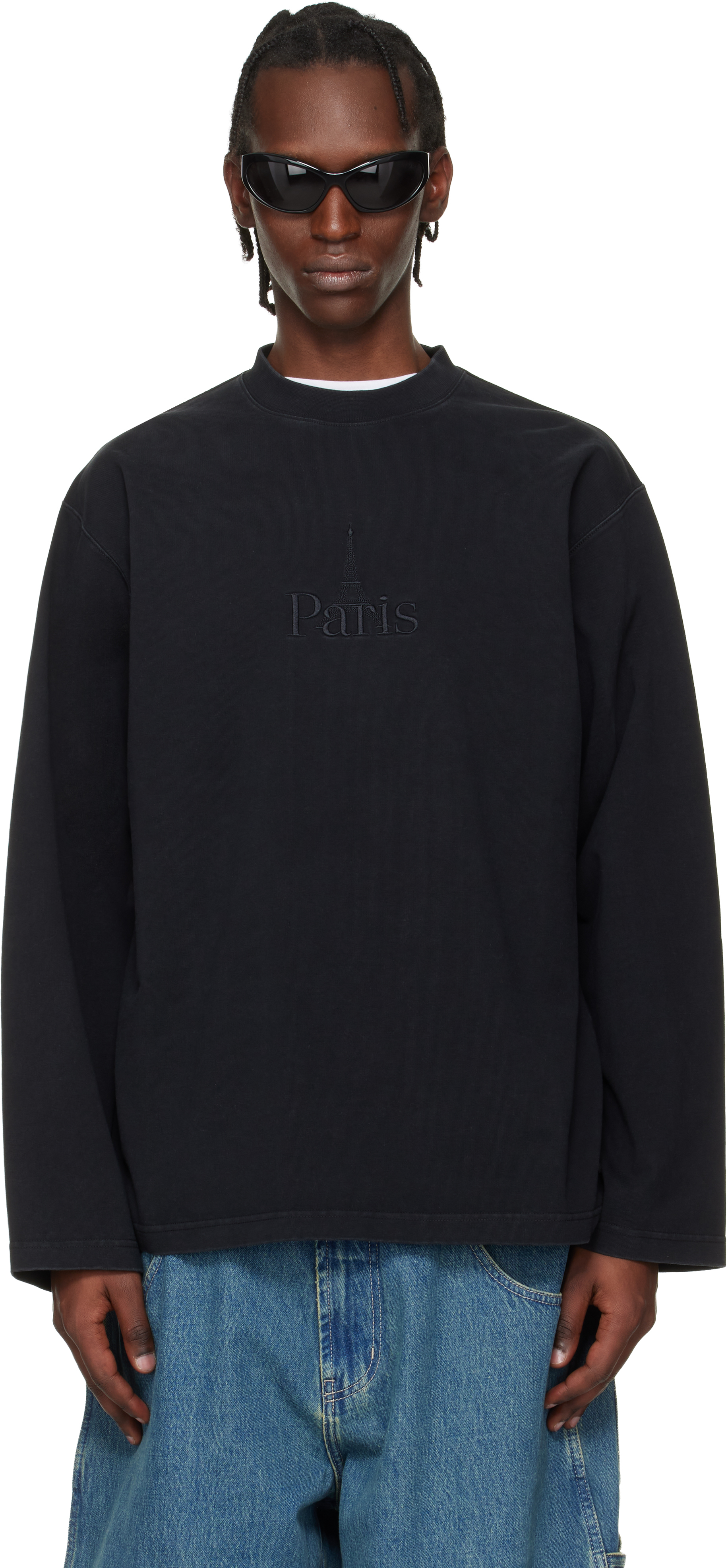 VETEMENTS: ブラック 'Paris' Embroidered 長袖Tシャツ | SSENSE 日本
