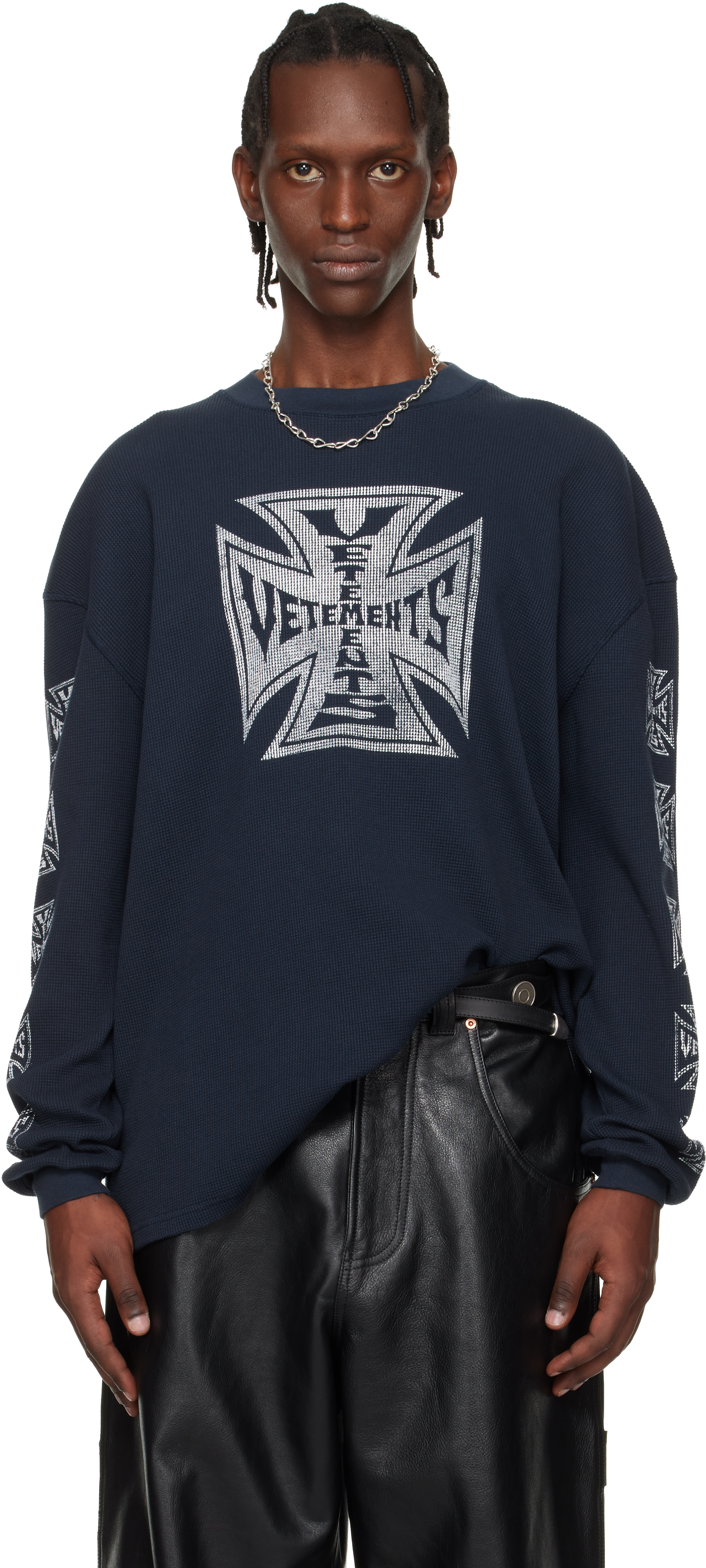 VETEMENTS: Navy Biker Cross Waffle Longsleeve T-shirt | SSENSE