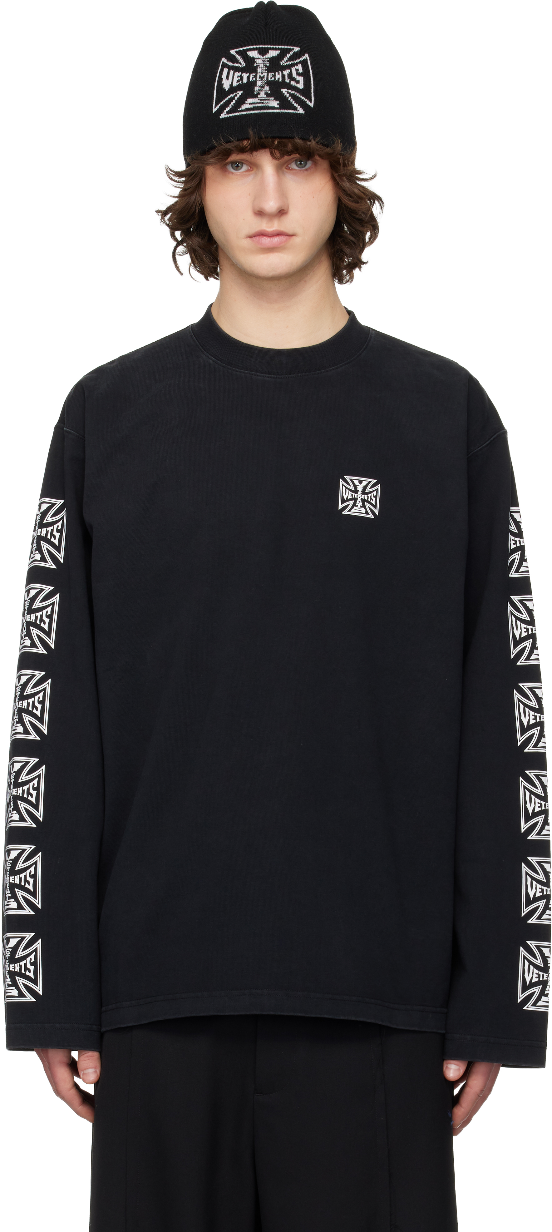 VETEMENTS: Black Biker Cross Sleeves Longsleeve T-shirt | SSENSE