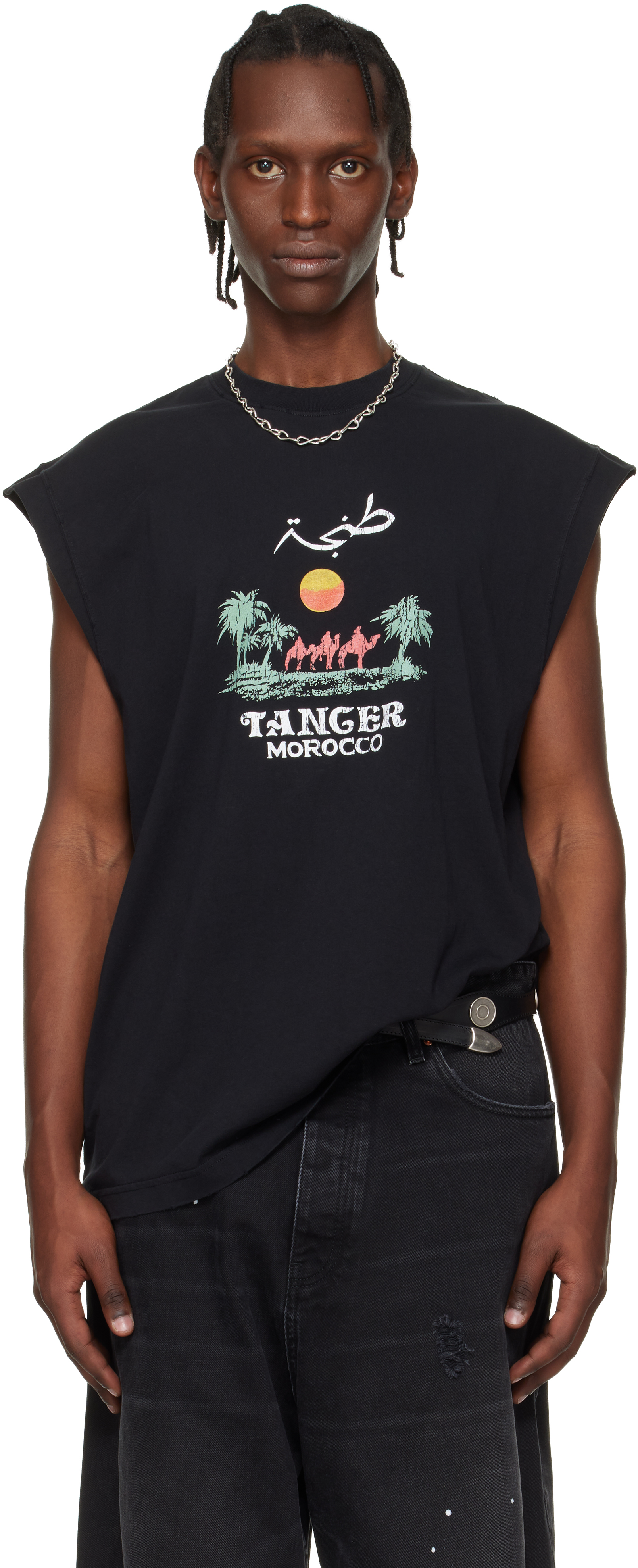 VETEMENTS: Black 'Morocco' Tourist Sleeveless Top | SSENSE