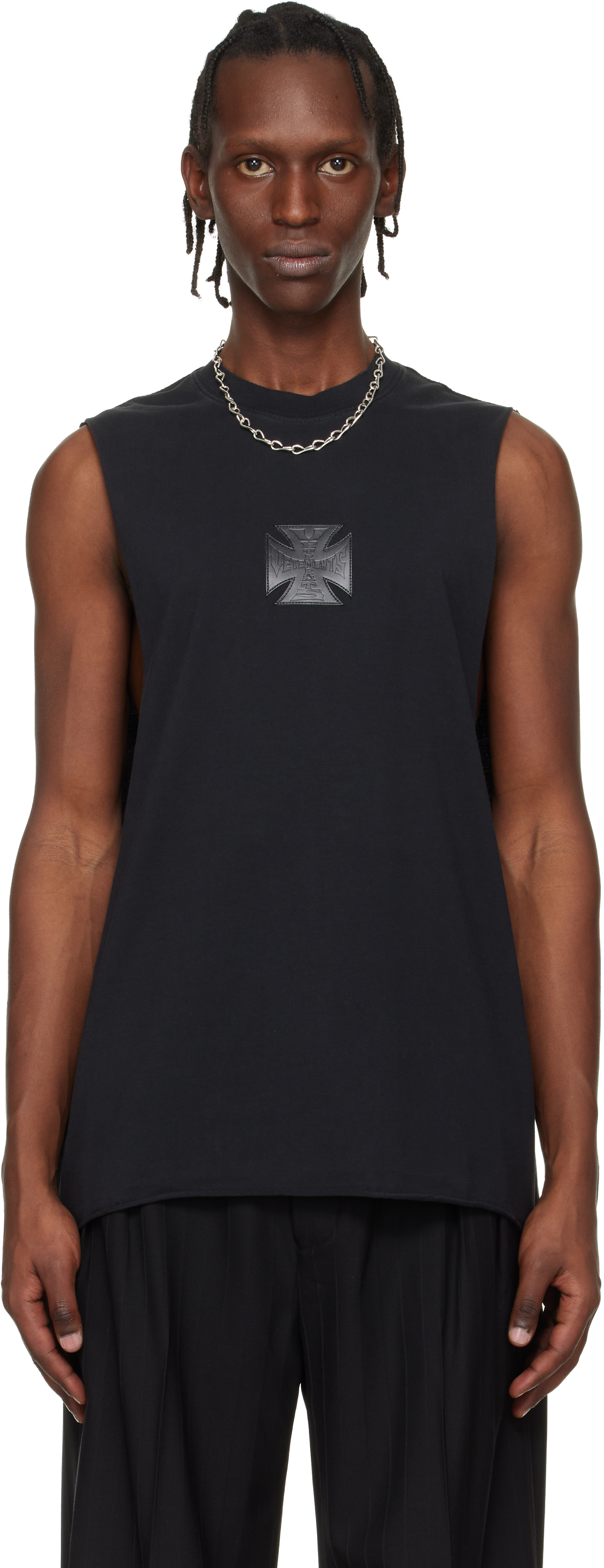 VETEMENTS: ブラック Biker Leather Cross Jersey Muscle トップス